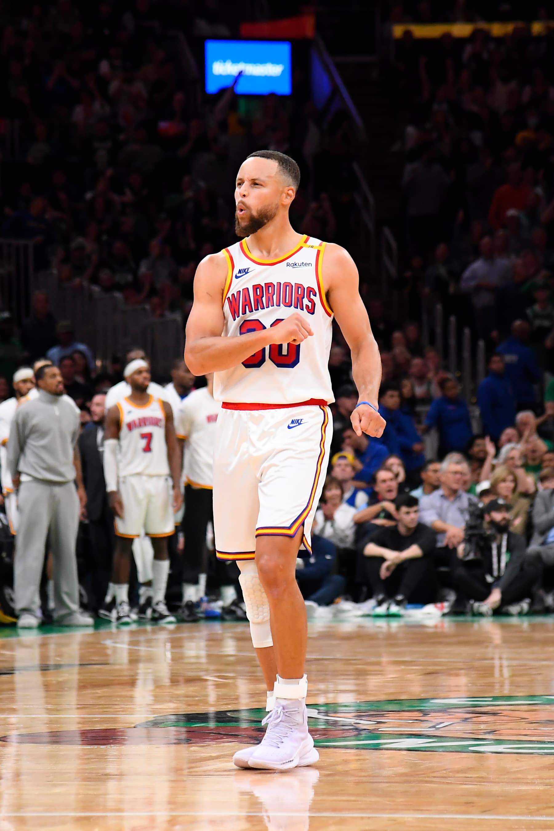 BOSTON, MA - NOVEMBER 6: Stephen Curry #30 of the Golden State Warriors celebrates during the game against the Boston Celtics on November 6, 2024 at TD Garden in Boston, Massachusetts. NOTE TO USER: User expressly acknowledges and agrees that, by downloading and/or using this Photograph, user is consenting to the terms and conditions of the Getty Images License Agreement. Mandatory Copyright Notice: Copyright 2024 NBAE (Photo by Brian Babineau/NBAE via Getty Images)