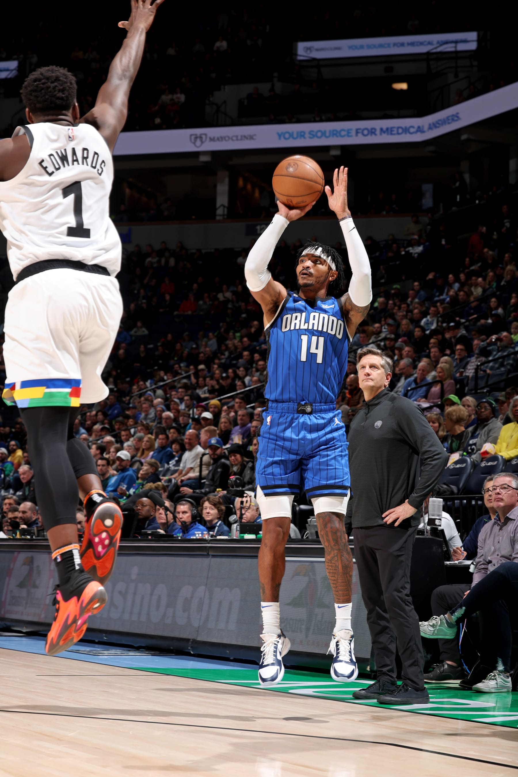 MINNEAPOLIS, MN -  FEBRUARY 3: Gary Harris #14 of the Orlando Magic shoots a three point basket during the game against the Minnesota Timberwolves on February 3, 2023 at Target Center in Minneapolis, Minnesota. NOTE TO USER: User expressly acknowledges and agrees that, by downloading and or using this Photograph, user is consenting to the terms and conditions of the Getty Images License Agreement. Mandatory Copyright Notice: Copyright 2023 NBAE (Photo by David Sherman/NBAE via Getty Images)