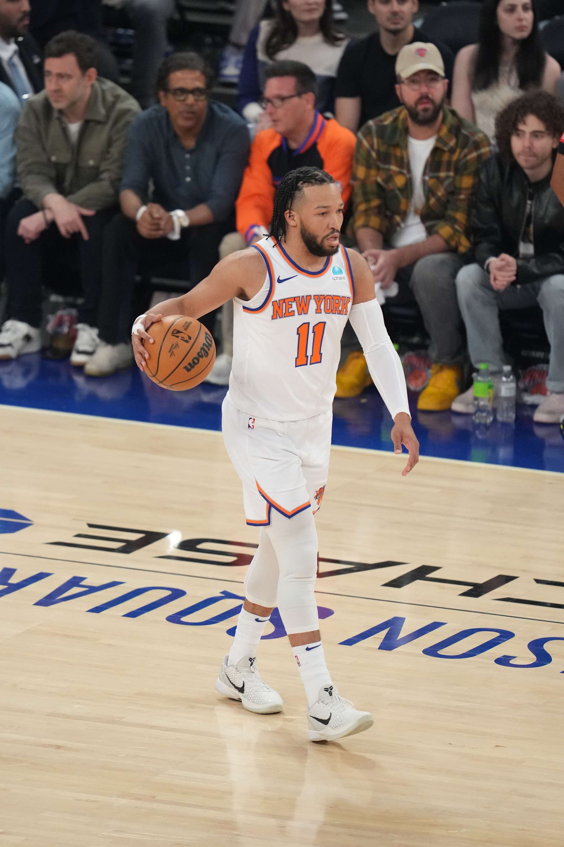 NEW YORK, NY - MAY 19: Jalen Brunson #11 of the New York Knicks dribbles the ball during the game against the Indiana Pacers during Round 2 Game 7 of the 2024 NBA Playoffs on May 19, 2024 at Madison Square Garden in New York City, New York.  NOTE TO USER: User expressly acknowledges and agrees that, by downloading and or using this photograph, User is consenting to the terms and conditions of the Getty Images License Agreement. Mandatory Copyright Notice: Copyright 2024 NBAE  (Photo by Jesse D. Garrabrant/NBAE via Getty Images)