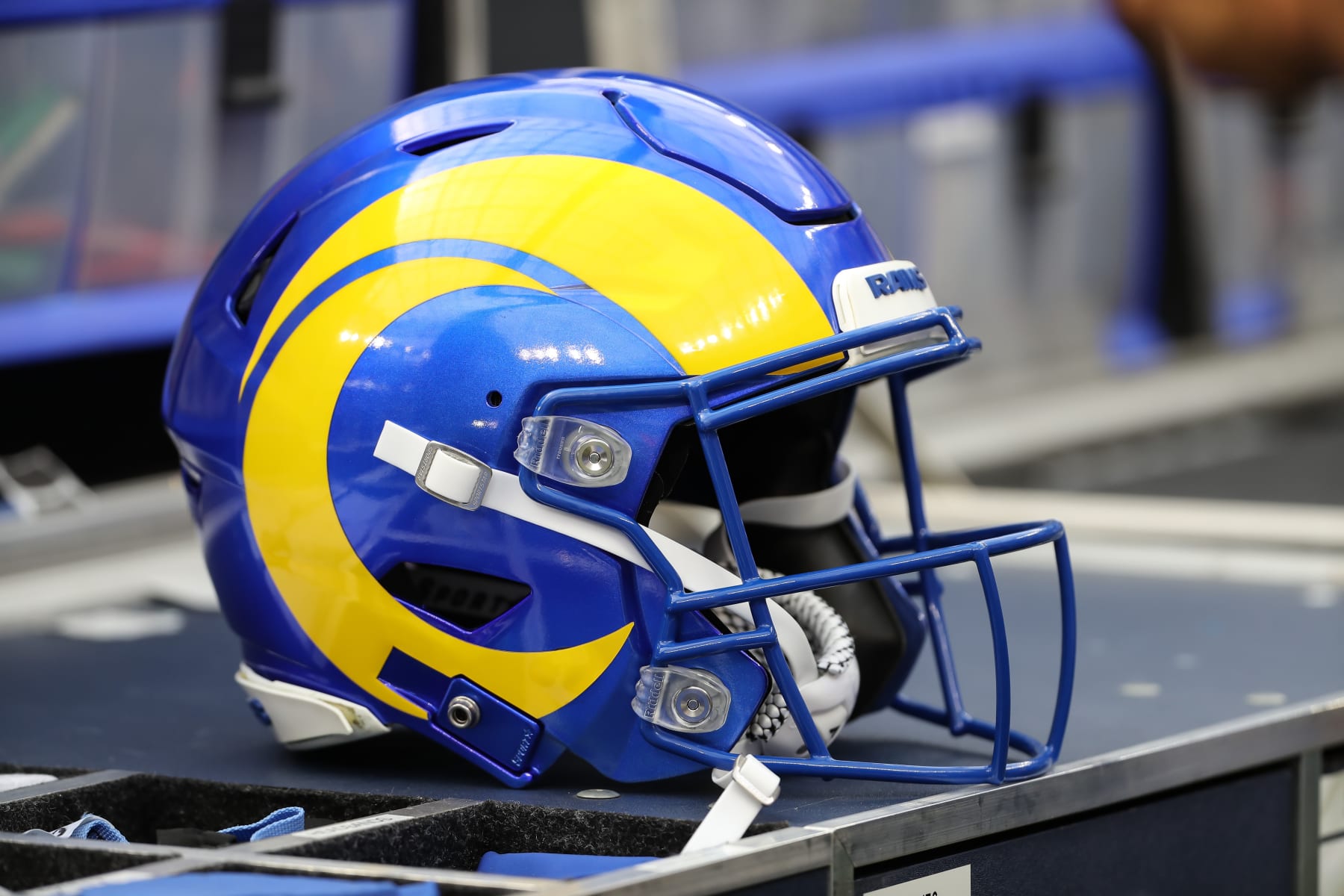 INGLEWOOD, CA - SEPTEMBER 08: Los Angeles Rams helmet during the Buffalo Bills game versus the Los Angeles Rams on September 8, 2022, at Sofi Stadium in Inglewood, CA. (Photo by Jevone Moore/Icon Sportswire via Getty Images)