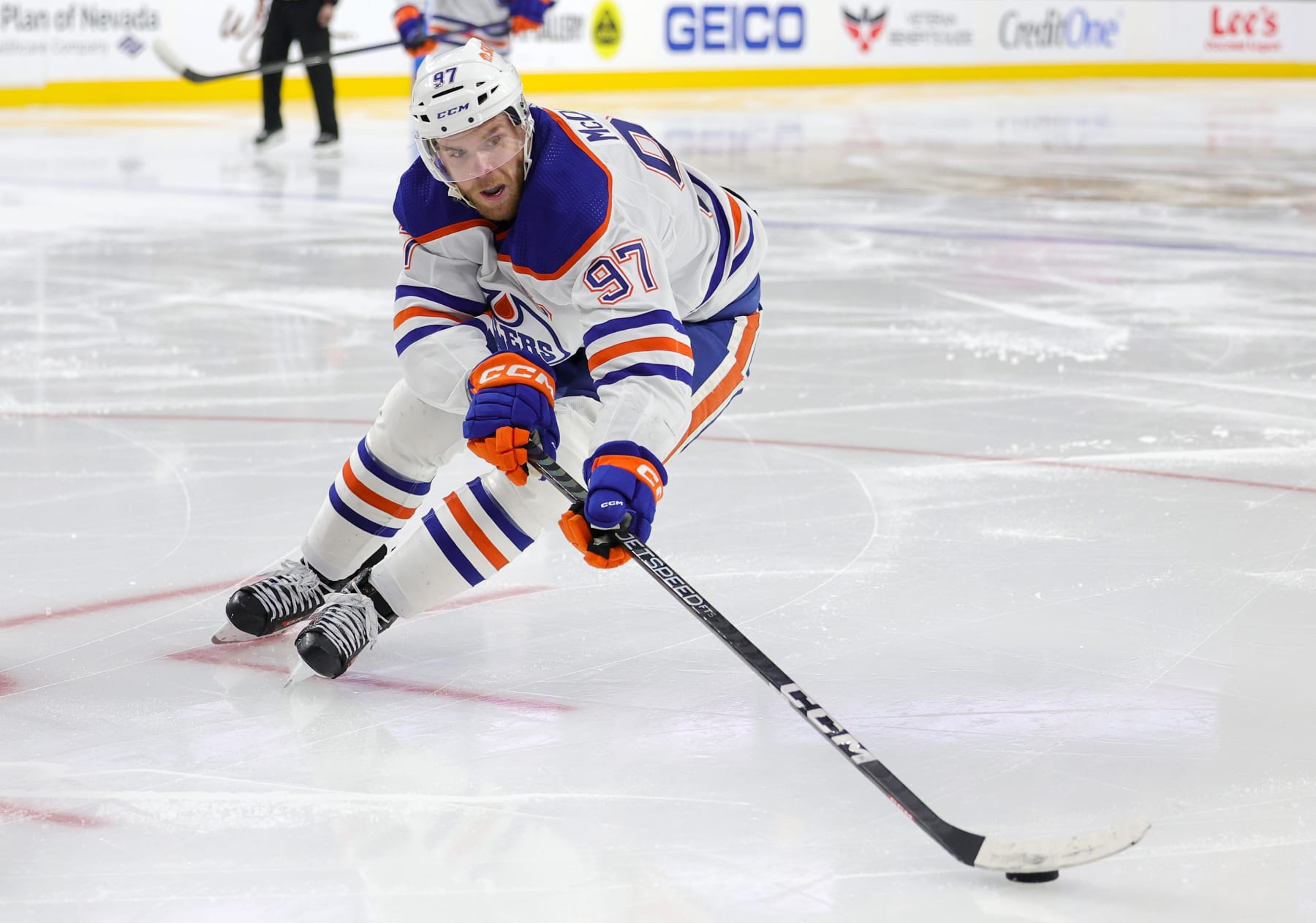 LAS VEGAS, NEVADA - MAY 12: Connor McDavid #97 of the Edmonton Oilers skates with the puck against the Vegas Golden Knights in the third period of Game Five of the Second Round of the 2023 Stanley Cup Playoffs at T-Mobile Arena on May 12, 2023 in Las Vegas, Nevada. The Golden Knights defeated the Oilers 4-3. (Photo by Ethan Miller/Getty Images)