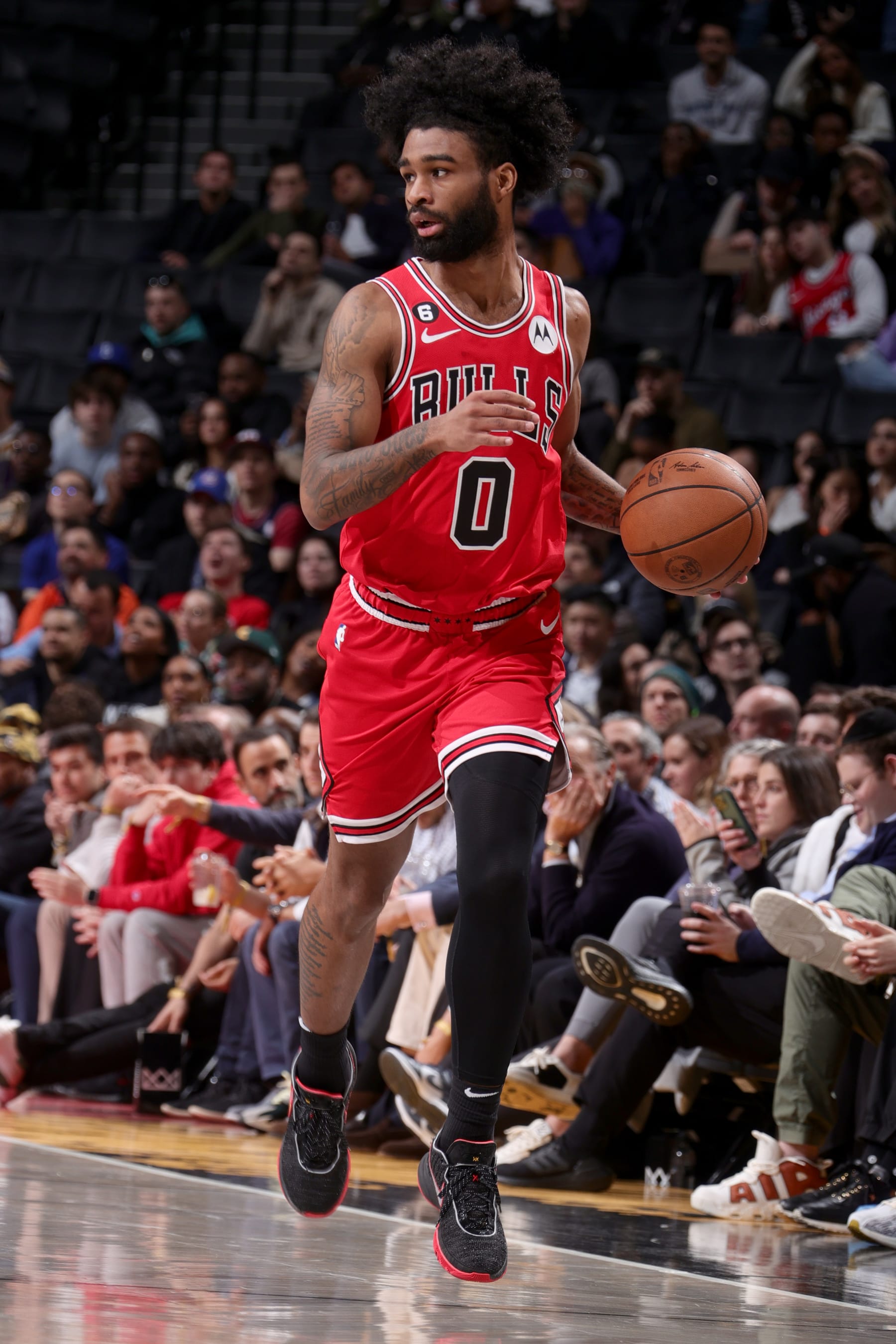 BROOKLYN, NY - FEBRUARY 9: Coby White #0 of the Chicago Bulls dribbles the ball during the game against the Brooklyn Nets on February 9, 2023 at Barclays Center in Brooklyn, New York. NOTE TO USER: User expressly acknowledges and agrees that, by downloading and or using this Photograph, user is consenting to the terms and conditions of the Getty Images License Agreement. Mandatory Copyright Notice: Copyright 2023 NBAE (Photo by Nathaniel S. Butler/NBAE via Getty Images)