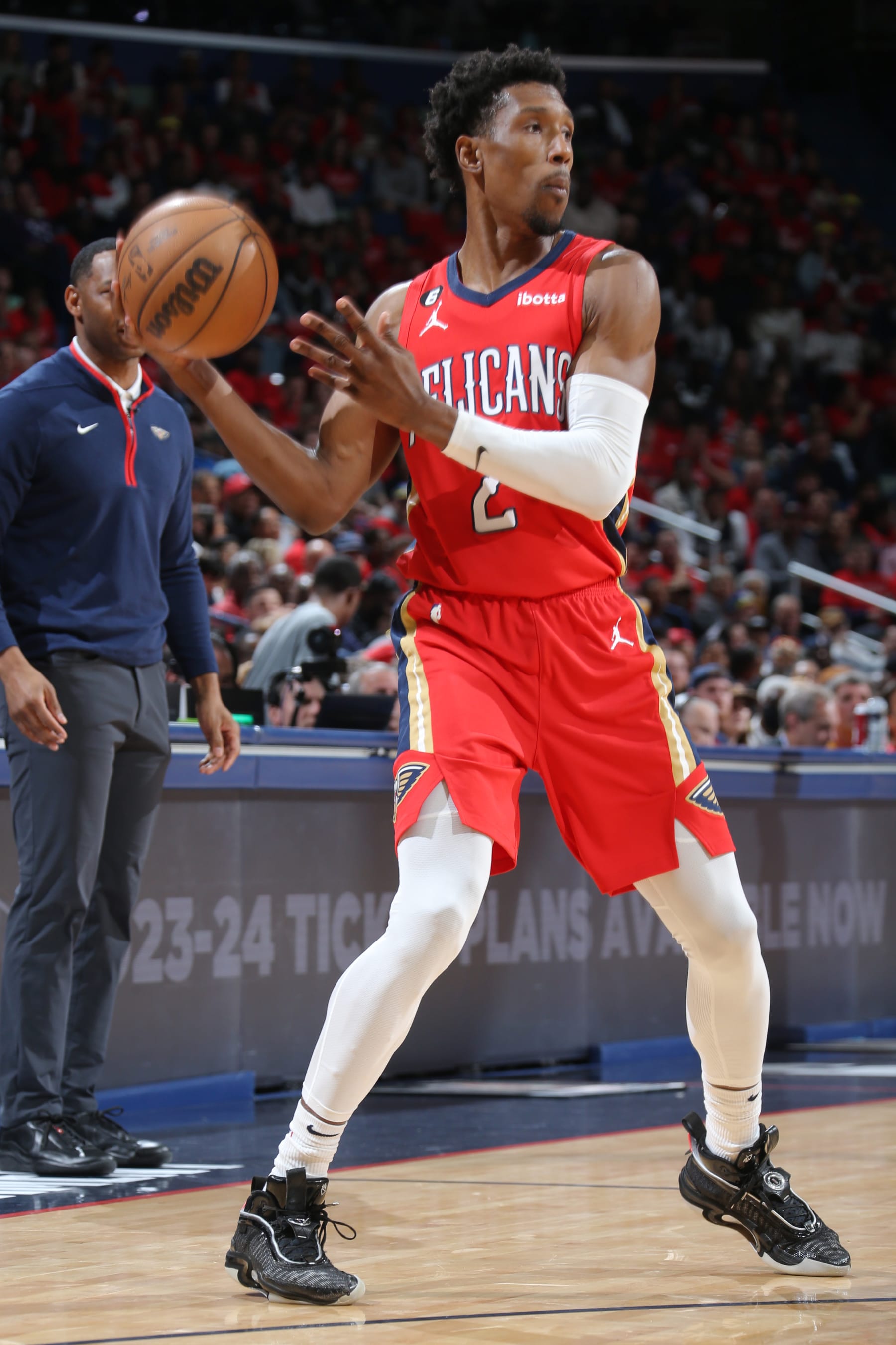 NEW ORLEANS, LA - APRIL 12: Josh Richardson #2 of the New Orleans Pelicans looks to pass the ball during the game against the Oklahoma City Thunder during the 2023 Play-In Tournament on April 12, 2023 at the Smoothie King Center in New Orleans, Louisiana. NOTE TO USER: User expressly acknowledges and agrees that, by downloading and or using this Photograph, user is consenting to the terms and conditions of the Getty Images License Agreement. Mandatory Copyright Notice: Copyright 2023 NBAE (Photo by Layne Murdoch Jr./NBAE via Getty Images)