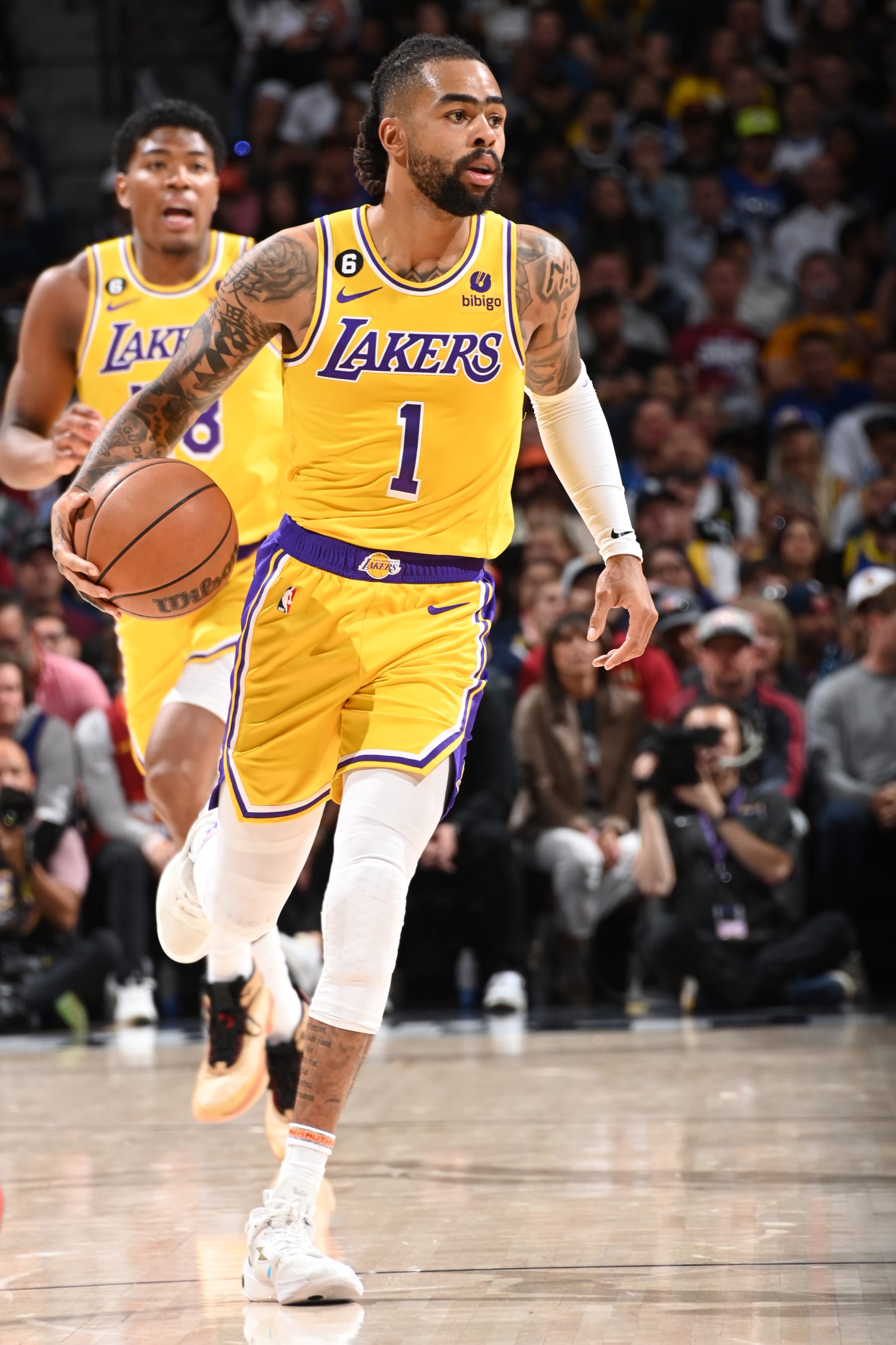 DENVER, CO - MAY 18: D'Angelo Russell #1 of the Los Angeles Lakers dribbles the ball during Game 2 of the Western Conference Finals 2023 NBA Playoffs on May 18, 2023 at the Ball Arena in Denver, Colorado. NOTE TO USER: User expressly acknowledges and agrees that, by downloading and/or using this Photograph, user is consenting to the terms and conditions of the Getty Images License Agreement. Mandatory Copyright Notice: Copyright 2023 NBAE (Photo by Andrew D. Bernstein/NBAE via Getty Images)
