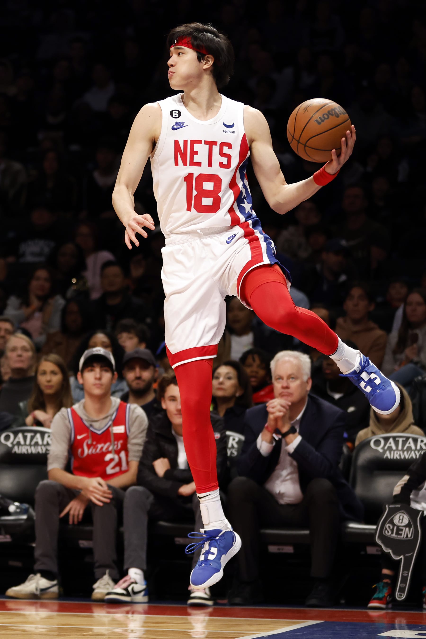 NEW YORK, NEW YORK - APRIL 09: Yuta Watanabe #18 of the Brooklyn Nets keeps the ball inbounds during the first half against the Philadelphia 76ers at Barclays Center on April 09, 2023 in the Brooklyn borough of New York City. (Photo by Sarah Stier/Getty Images)