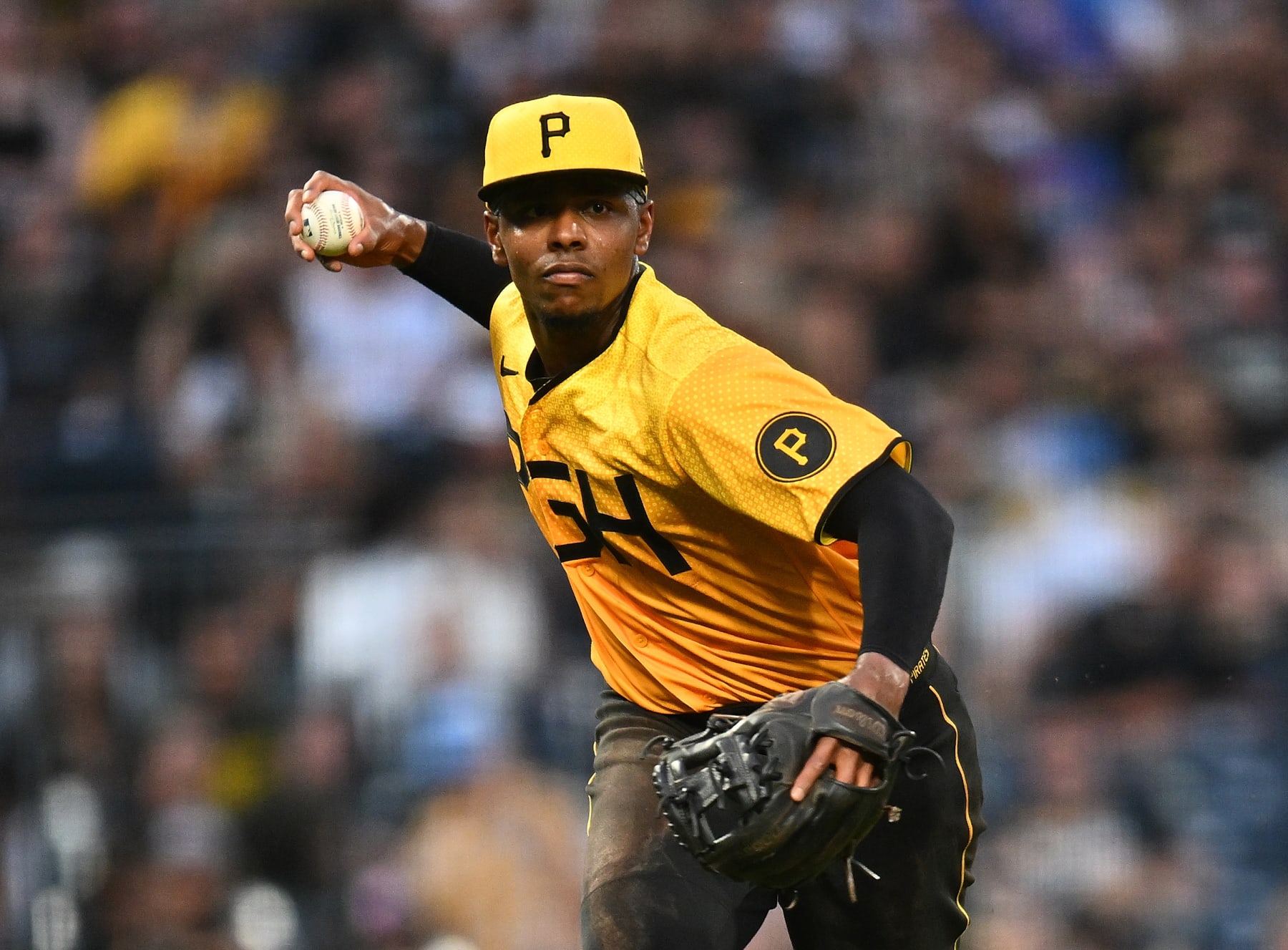 PITTSBURGH, PENNSYLVANIA - AUGUST 25:  Ke'Bryan Hayes #13 of the Pittsburgh Pirates in action during the game against the Chicago Cubs at PNC Park on August 25, 2023 in Pittsburgh, Pennsylvania. (Photo by Joe Sargent/Getty Images)