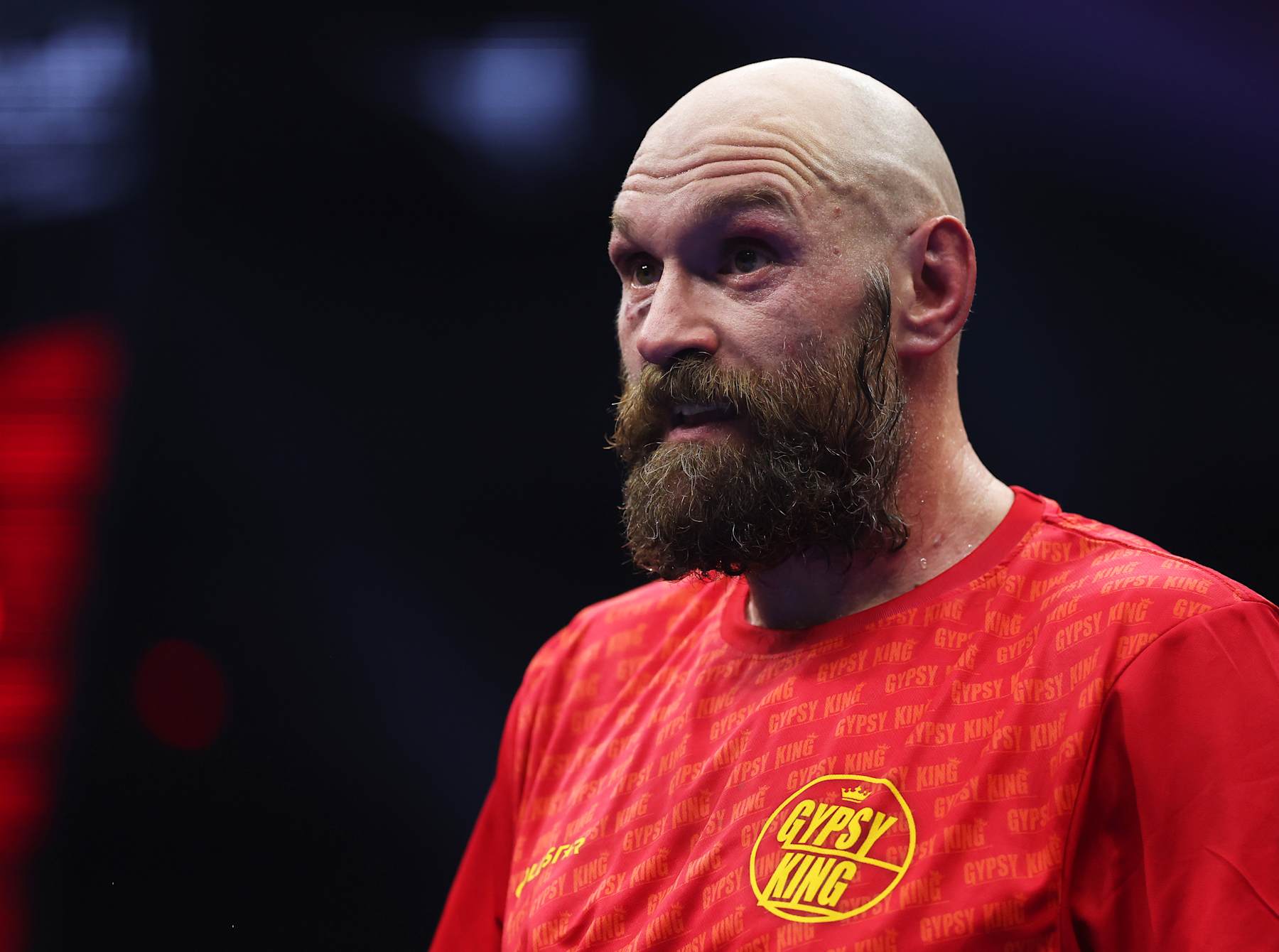 RIYADH, SAUDI ARABIA - DECEMBER 21: Tyson Fury reacts following defeat in the IBF, IBO, WBA, WBC and WBO Undisputed World Heavyweight titles' fight between Oleksandr Usyk and Tyson Fury as part of Oleksandr Usyk v Tyson Fury 2, Reignited card at Kingdom Arena on December 21, 2024 in Riyadh, Saudi Arabia. (Photo by Richard Pelham/Getty Images)