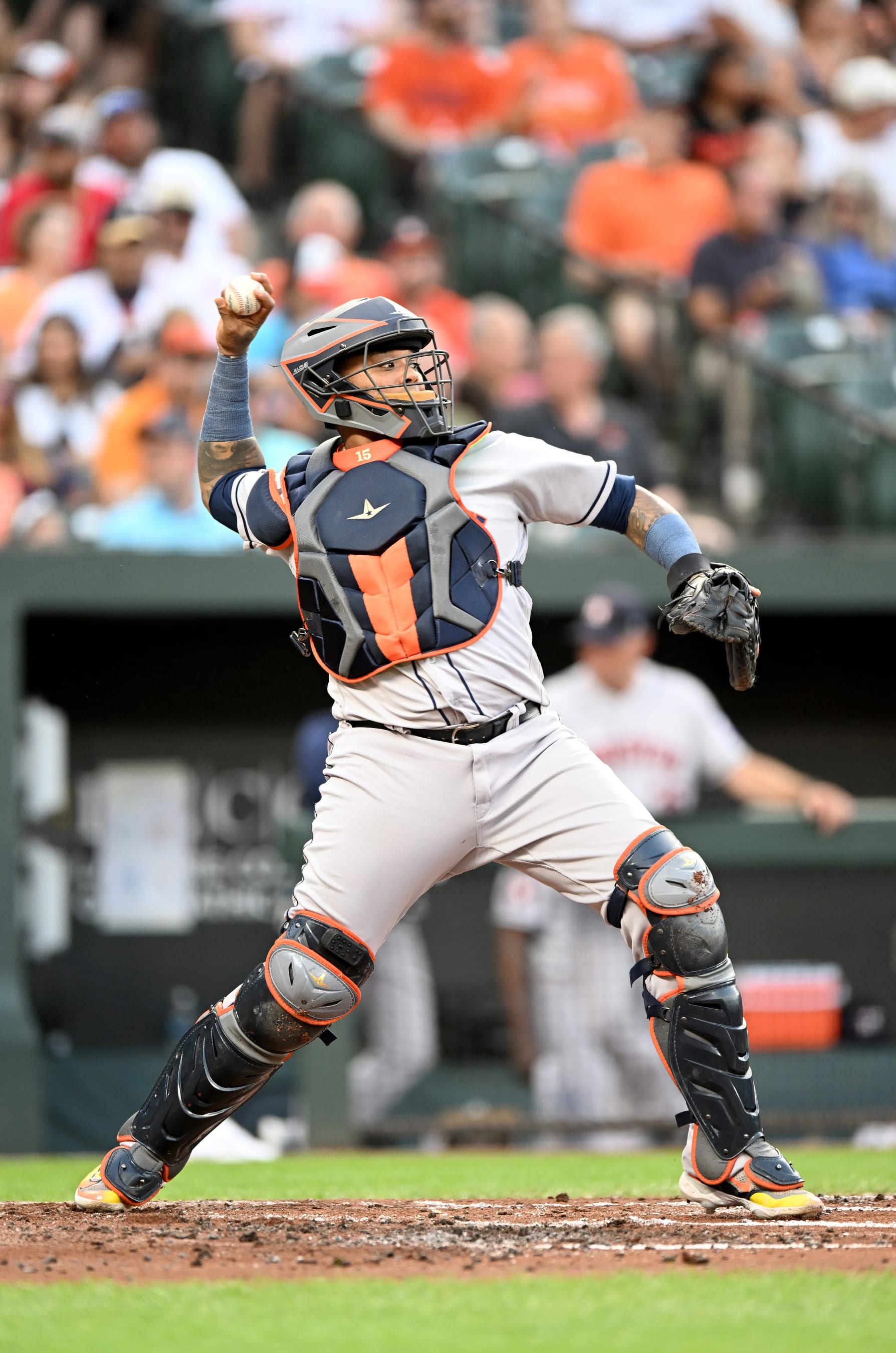 BALTIMORE, MARYLAND - AUGUST 09: Martin Maldonado #15 of the Houston Astros throws the ball to second base against the Baltimore Orioles at Oriole Park at Camden Yards on August 09, 2023 in Baltimore, Maryland. (Photo by G Fiume/Getty Images)