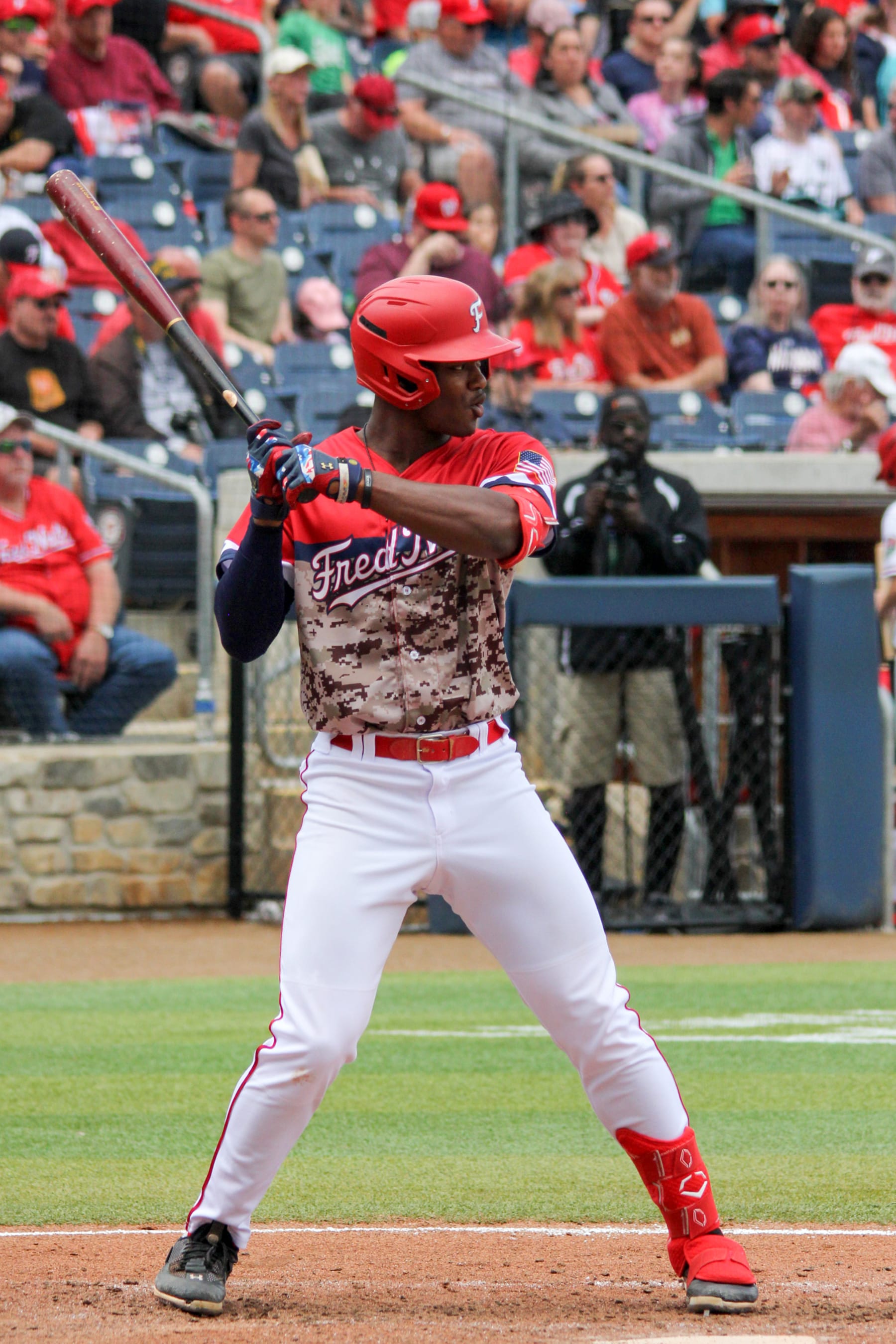 FREDERICKSBURG, VIRGINIA - APRIL 23, 2023: Elijah Green #21 of the Fredericksburg Nationals bats during a game against the Delmarva Shorebirds at Virginia Credit Union Stadium on April 23, 2023 in Fredericksburg, Virginia. (Photo by Rodger Wood/Diamond Images via Getty Images)