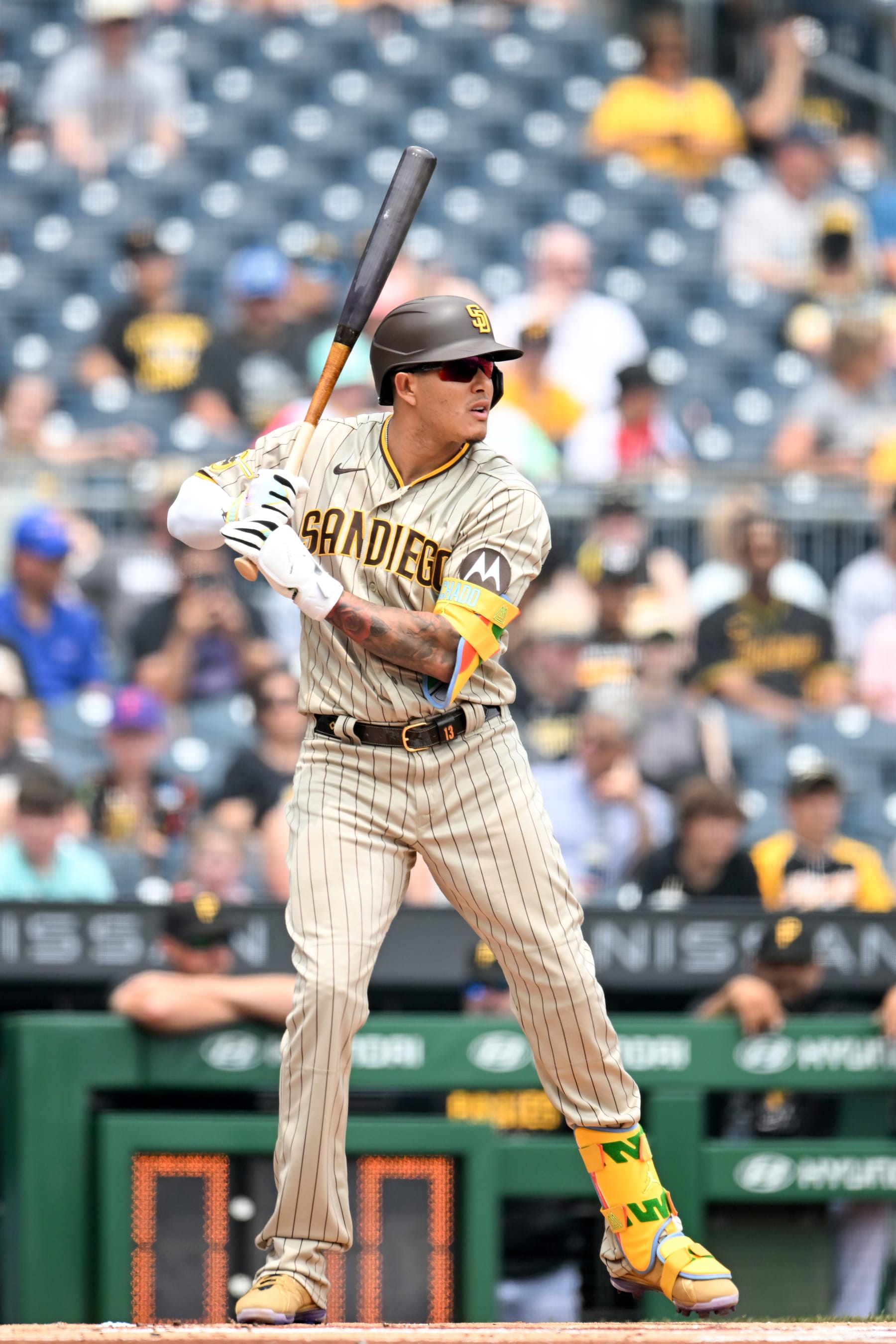 PITTSBURGH, PENNSYLVANIA - JUNE 29, 2023: Manny Machado #13 of the San Diego Padres bats during the first inning against the Pittsburgh Pirates at PNC Park on June 29, 2023 in Pittsburgh, Pennsylvania. (Photo by Nick Cammett/Diamond Images via Getty Images)
