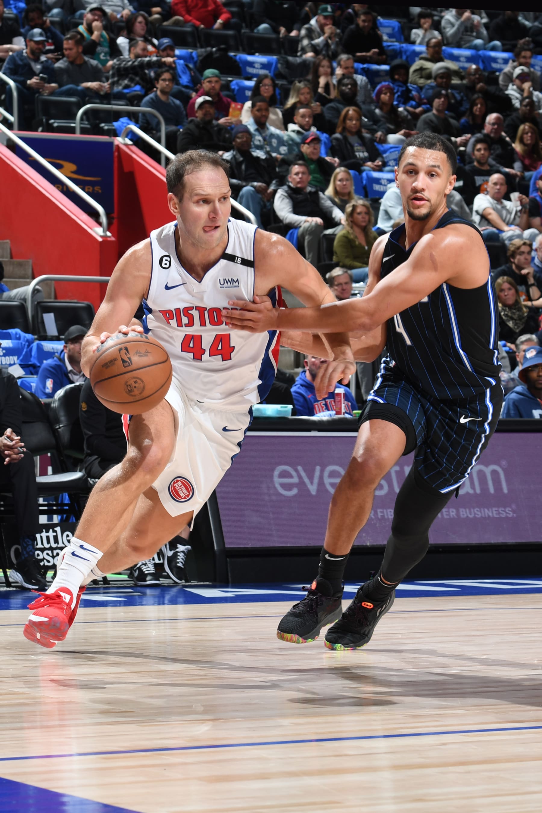 DETROIT, MI - OCTOBER 19: Bojan Bogdanovic #44 of the Detroit Pistons drives to the basket during the game against the Orlando Magic on October 19, 2022 at Little Caesars Arena in Detroit, Michigan. NOTE TO USER: User expressly acknowledges and agrees that, by downloading and/or using this photograph, User is consenting to the terms and conditions of the Getty Images License Agreement. Mandatory Copyright Notice: Copyright 2022 NBAE (Photo by Chris Schwegler/NBAE via Getty Images)