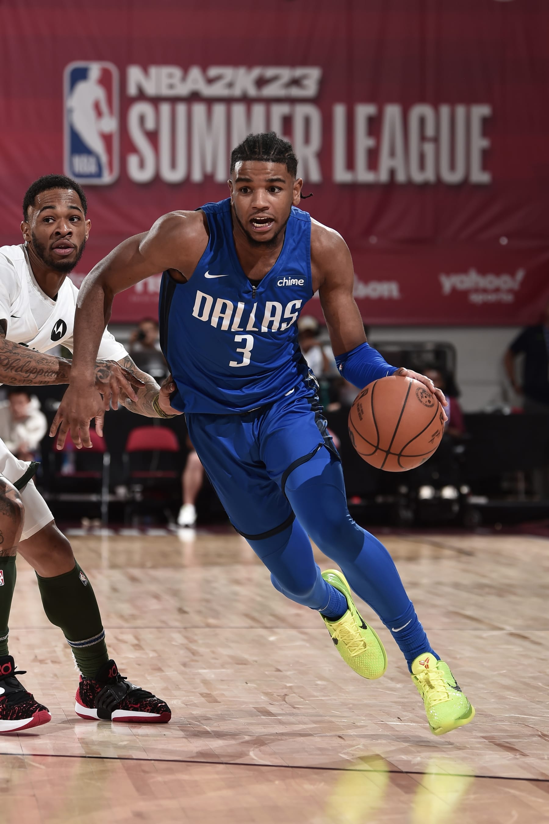 LAS VEGAS, NV - JULY 14:  Jaden Hardy #3 of Dallas Mavericks handles the ball during the game against the Milwaukee Bucks on July 14, 2022 at the Cox Pavilion in Las Vegas, Nevada NOTE TO USER: User expressly acknowledges and agrees that, by downloading and/or using this Photograph, user is consenting to the terms and conditions of the Getty Images License Agreement. Mandatory Copyright Notice: Copyright 2022 NBAE (Photo by David Dow/NBAE via Getty Images)