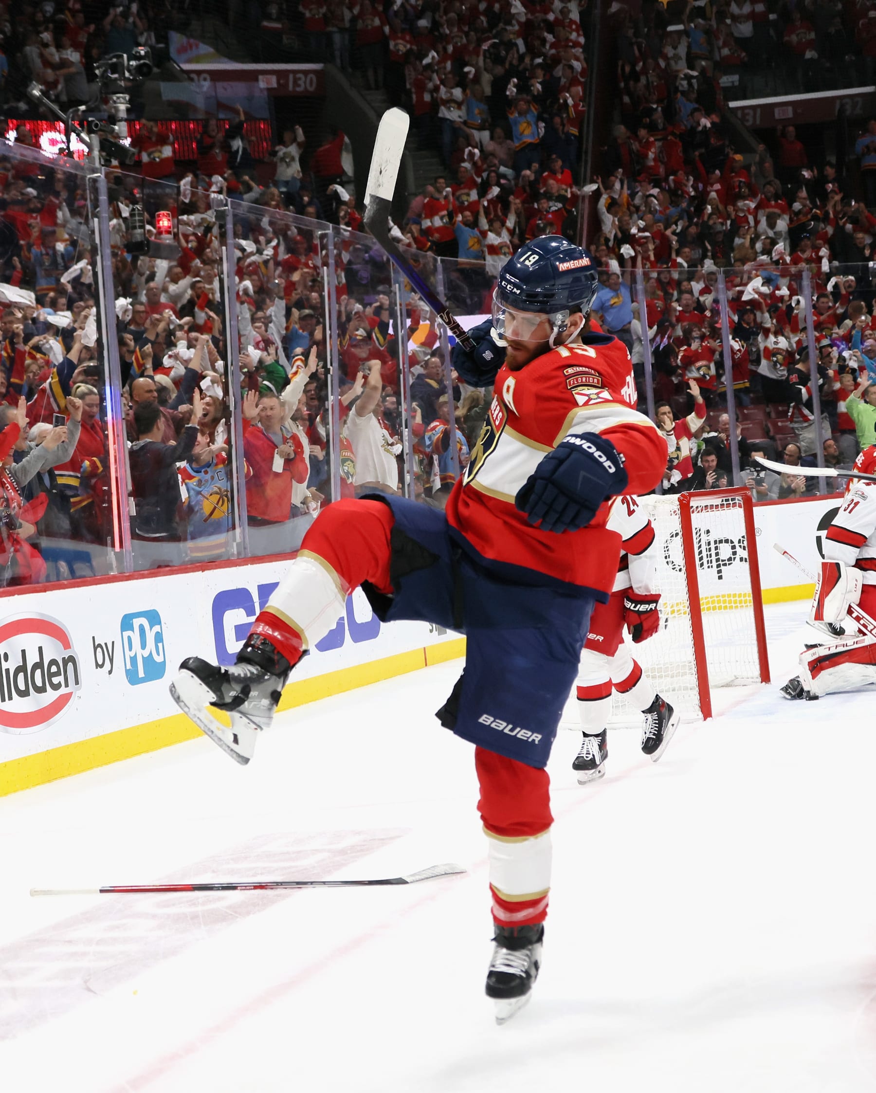 SUNRISE, FLORIDA - MAY 24: Matthew Tkachuk #19 of the Florida Panthers scores a first period goal against the Carolina Hurricanes in Game Four of the Eastern Conference Finals of the 2023 Stanley Cup Playoffs at FLA Live Arena on May 24, 2023 in Sunrise, Florida. (Photo by Bruce Bennett/Getty Images)