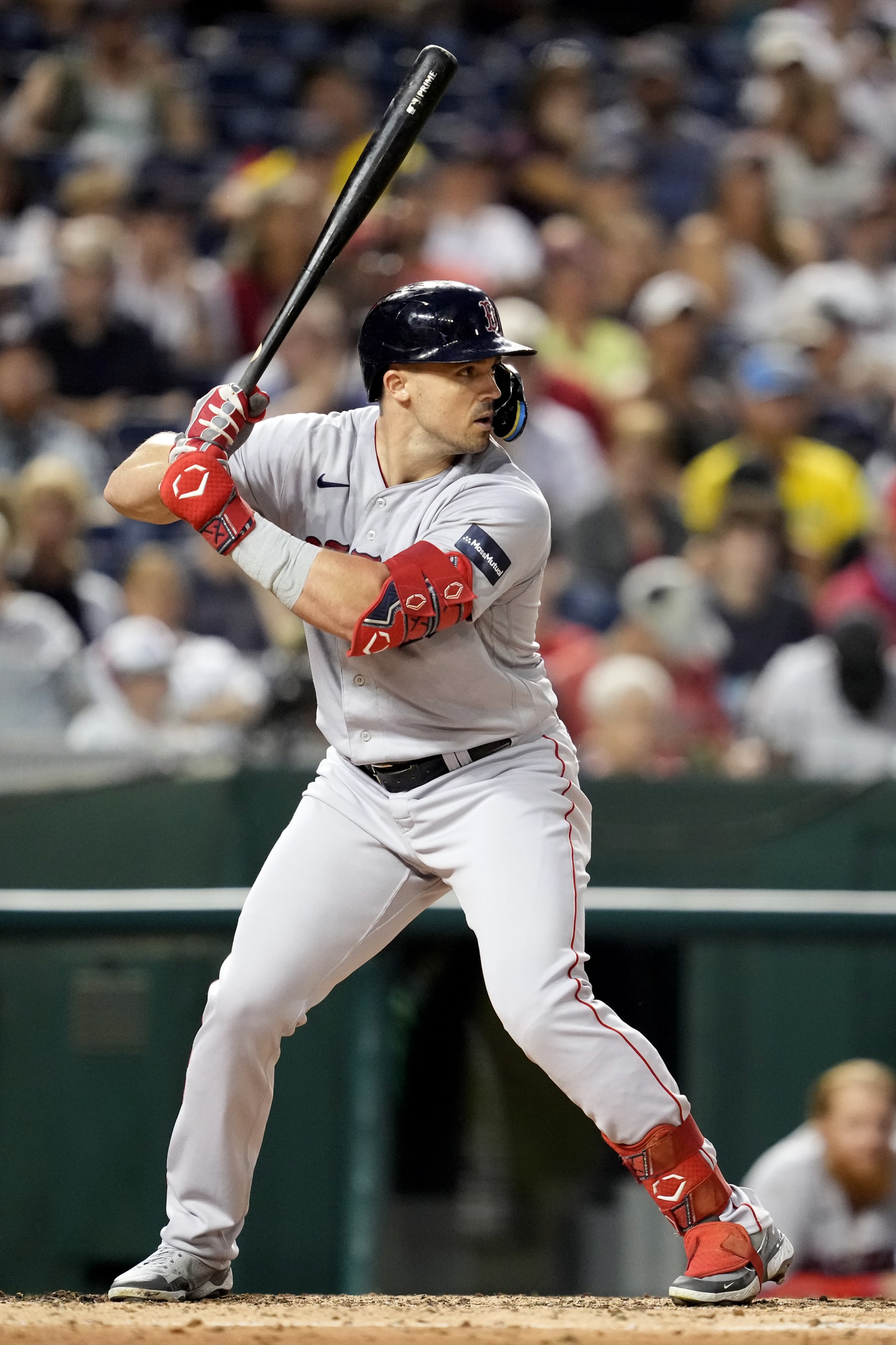 WASHINGTON, DC - AUGUST 16:  Adam Duvall #18 of the Boston Red Sox prepares for a pitch during a baseball game against the Washington Nationals at Nationals Park on August 16, 2023 in Washington, DC.  (Photo by Mitchell Layton/Getty Images)