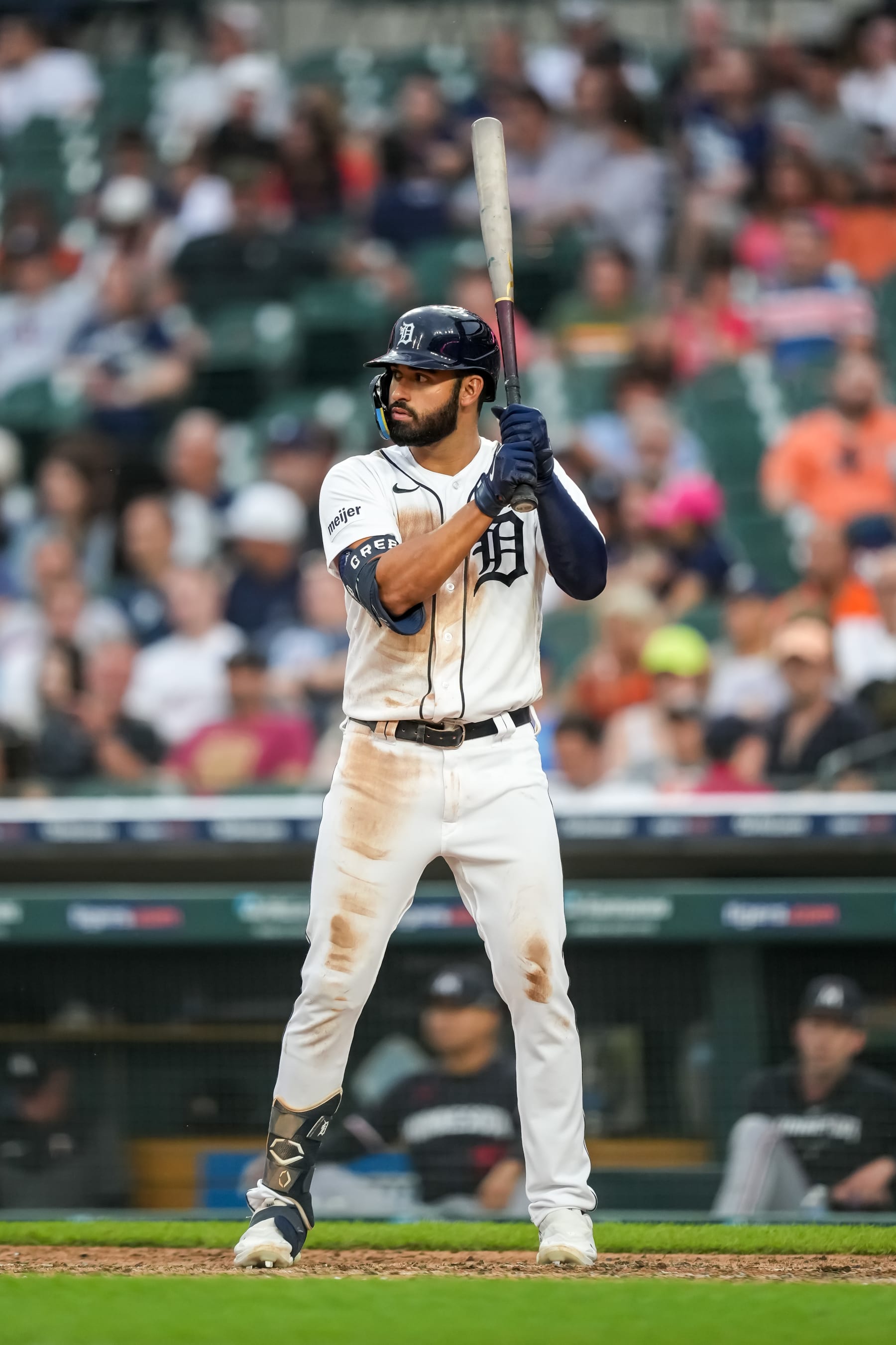 DETROIT, MI - AUGUST 09: Riley Greene #31 of the Detroit Tigers bats against the Minnesota Twins on August 9, 2023 at Comerica Park in Detroit, Michigan. (Photo by Brace Hemmelgarn/Minnesota Twins/Getty Images)