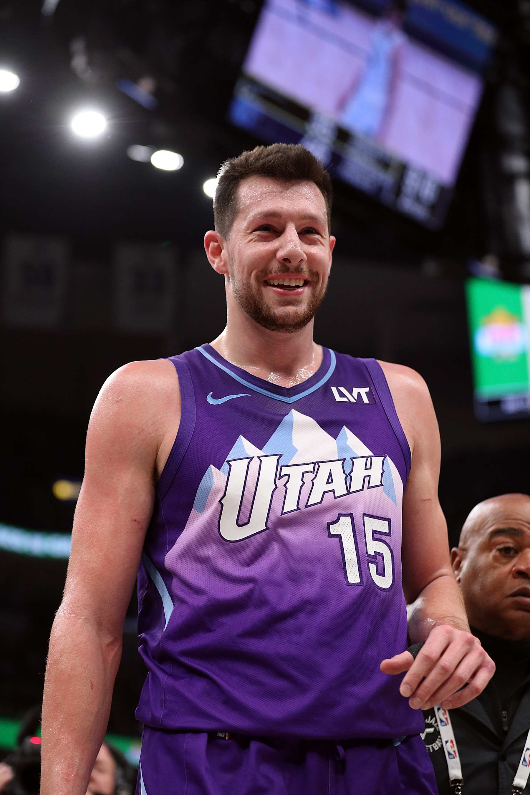MEMPHIS, TENNESSEE - JANUARY 25: Drew Eubanks #15 of the Utah Jazz reacts after being ejected during the first half against the Memphis Grizzlies at FedExForum on January 25, 2025 in Memphis, Tennessee. NOTE TO USER: User expressly acknowledges and agrees that, by downloading and or using this photograph, User is consenting to the terms and conditions of the Getty Images License Agreement. (Photo by Justin Ford/Getty Images)