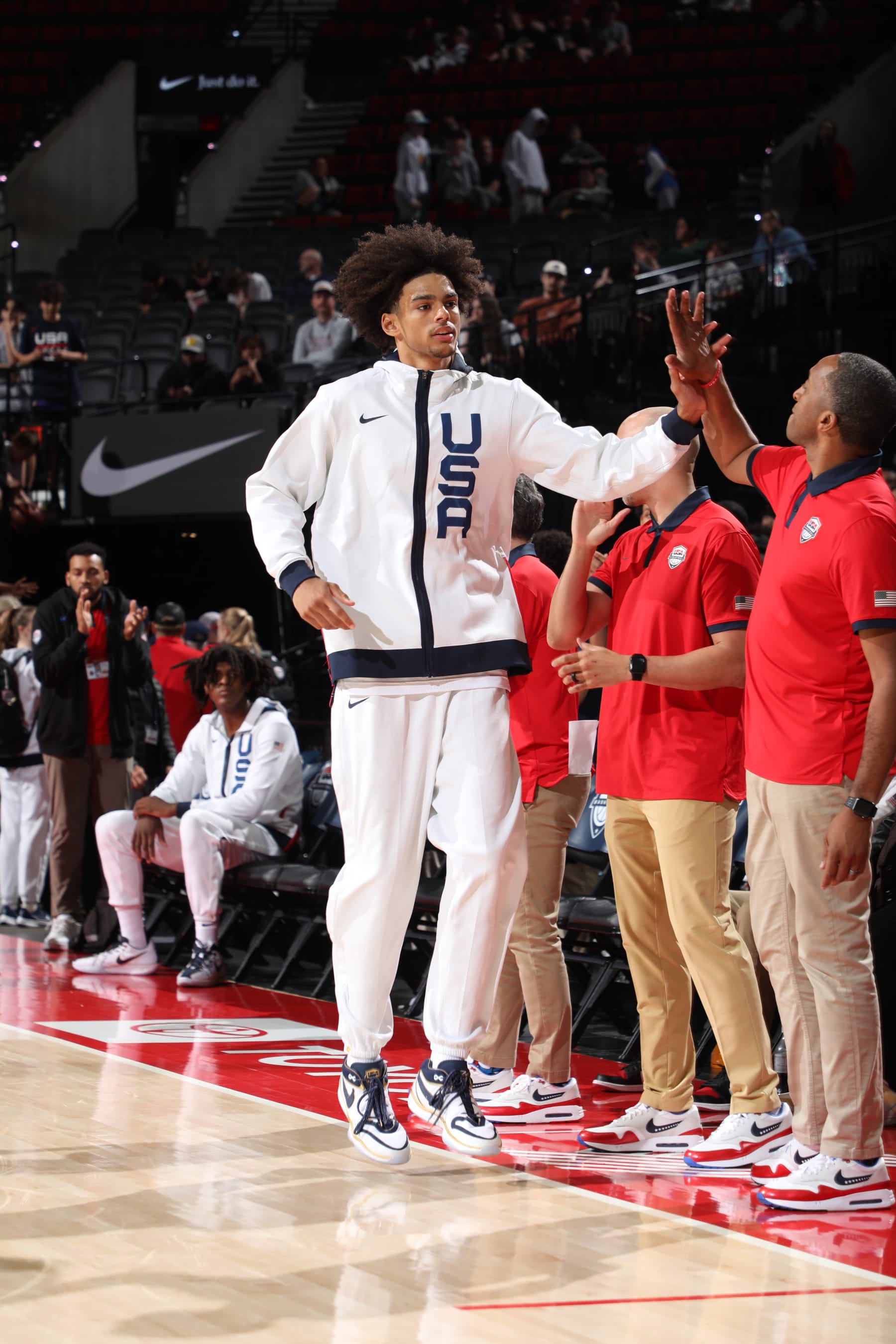 PORTLAND, OR - APRIL 13: Asa Newell #14 of Team USA is introduced before the game against Team World during the 2024 Nike Hoop Summit on April 13, 2024 at the Moda Center Arena in Portland, Oregon. NOTE TO USER: User expressly acknowledges and agrees that, by downloading and or using this photograph, user is consenting to the terms and conditions of the Getty Images License Agreement. Mandatory Copyright Notice: Copyright 2024 NBAE (Photo by Cameron Browne/NBAE via Getty Images)