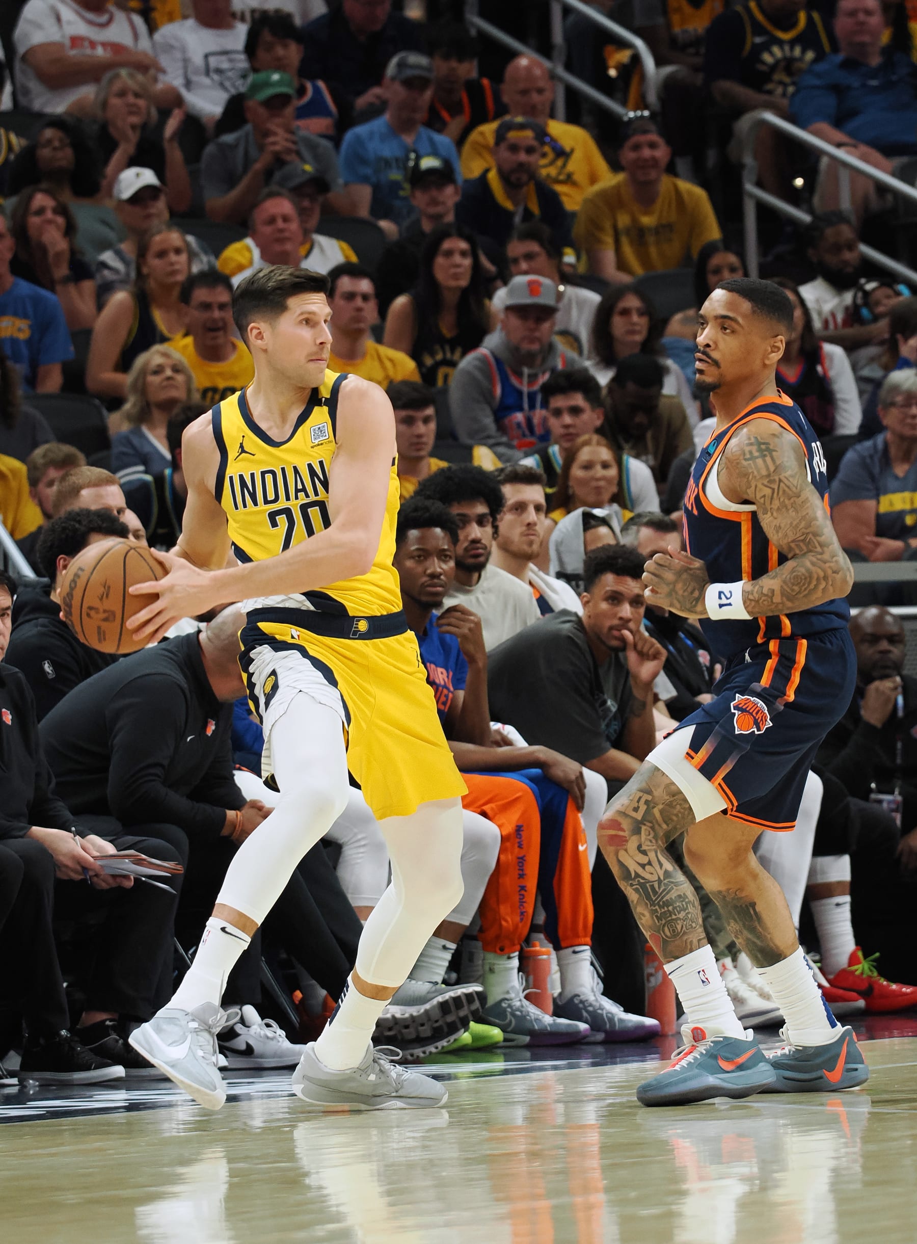 INDIANAPOLIS, IN - MAY 12:  Doug McDermott #20 of the Indiana Pacers handles the ball during the game against the New York Knicks during Round 2 Game 4 of the 2024 NBA Playoffs on May 12, 2024 at Gainbridge Fieldhouse in Indianapolis, Indiana. NOTE TO USER: User expressly acknowledges and agrees that, by downloading and or using this Photograph, user is consenting to the terms and conditions of the Getty Images License Agreement. Mandatory Copyright Notice: Copyright 2024 NBAE (Photo by Ron Hoskins/NBAE via Getty Images)