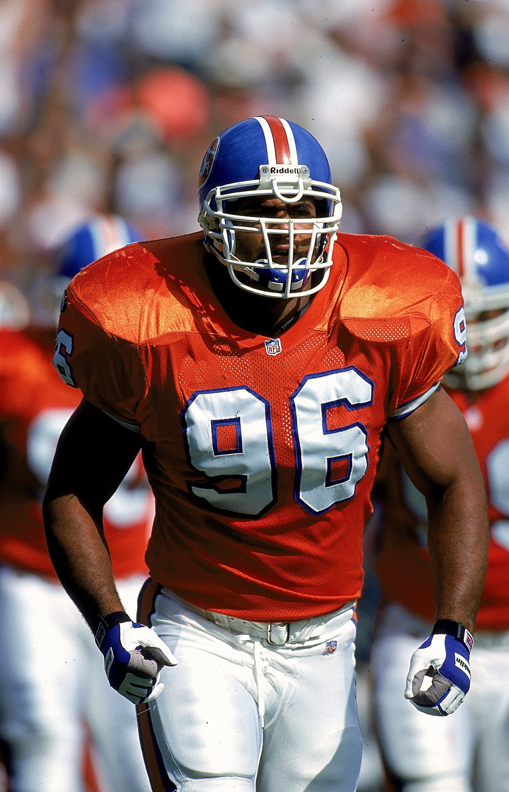 17 Sep 1995: Harald Hasselbach #96 of the Denver Broncos runs on the field during a game against the Washington Redskins at the Mile High Stadium in Denver, Colorado. The Broncos defeated the Redskins 38-31.