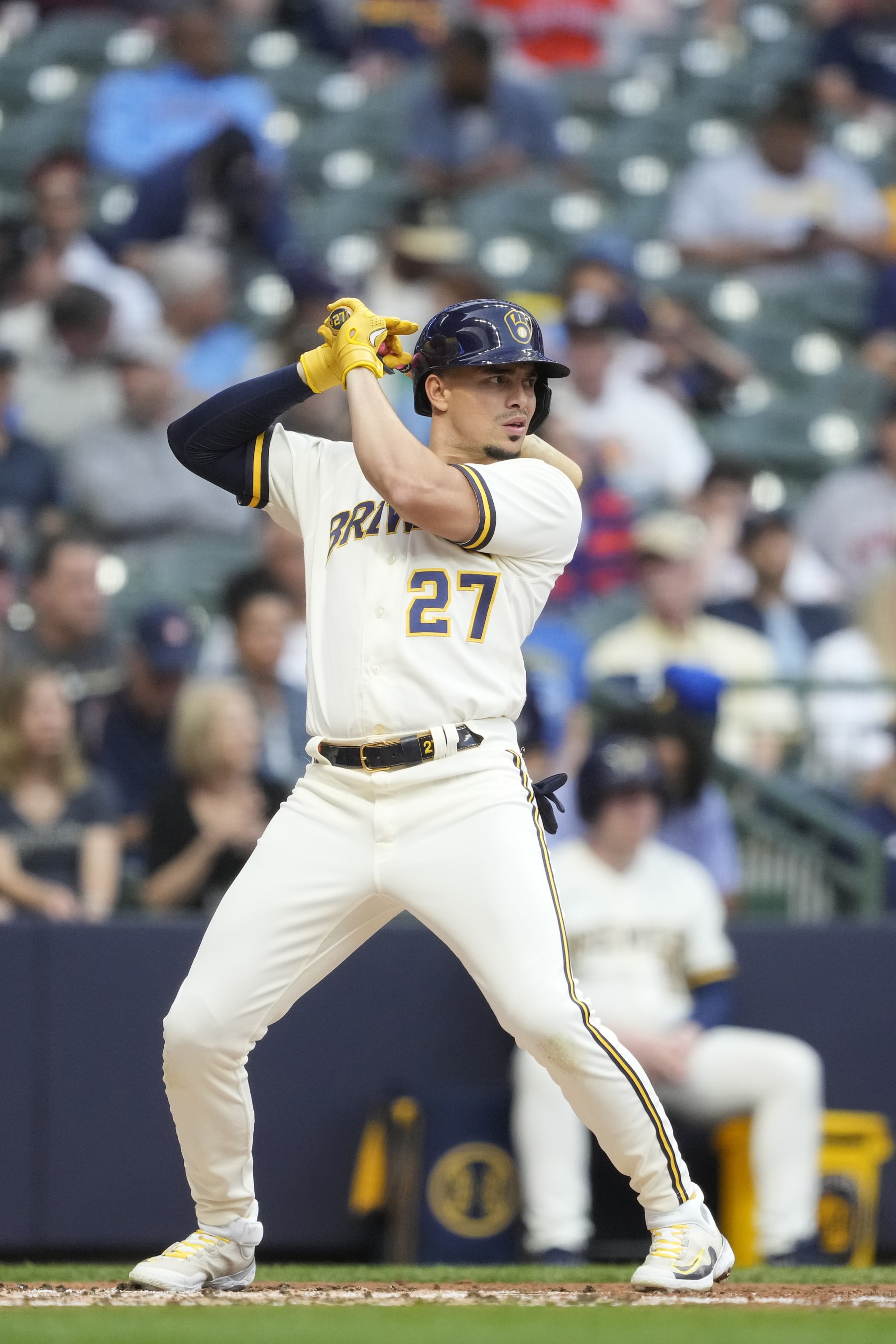 MILWAUKEE, WISCONSIN - MAY 23: Willy Adames #27 of the Milwaukee Brewers bats against the Houston Astros in the third inning at American Family Field on May 23, 2023 in Milwaukee, Wisconsin. (Photo by Patrick McDermott/Getty Images)