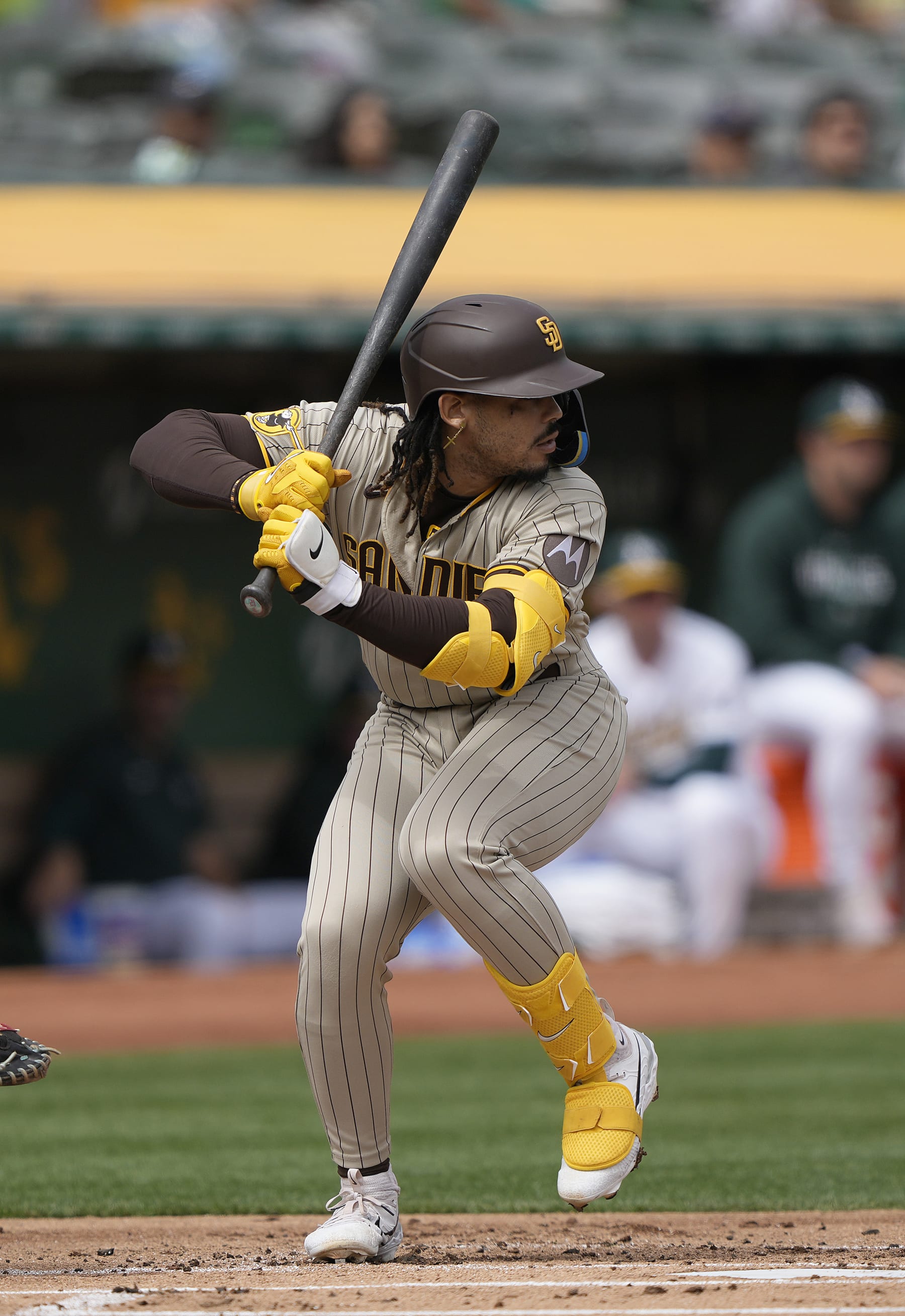 OAKLAND, CALIFORNIA - SEPTEMBER 16: Luis Campusano #12 of the San Diego Padres bats against the Oakland Athletics in the top of the first inning at RingCentral Coliseum on September 16, 2023 in Oakland, California. (Photo by Thearon W. Henderson/Getty Images)