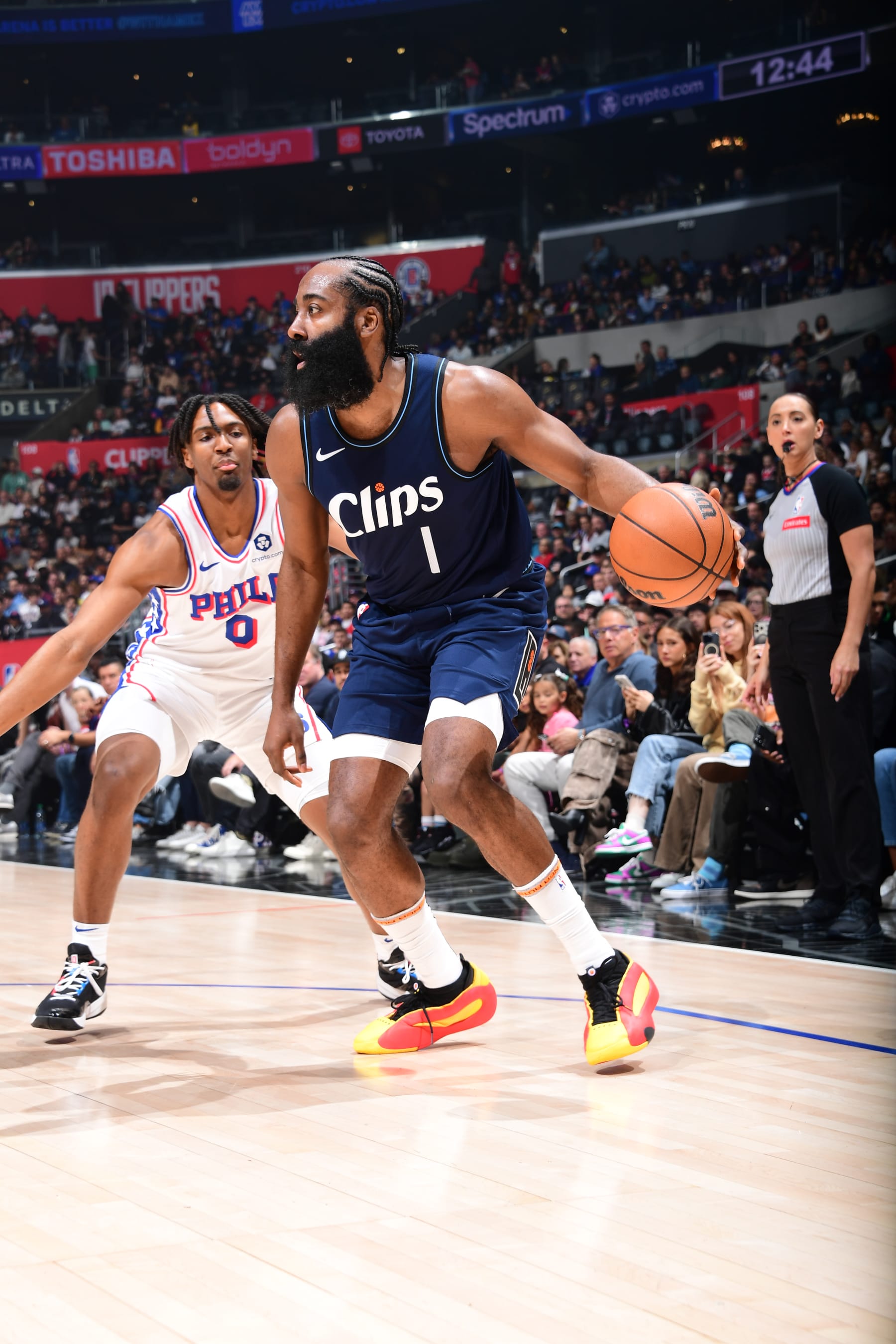 LOS ANGELES, CA - MARCH 24: James Harden #1 of the LA Clippers handles the ball during the game against the Philadelphia 76ers on March 24, 2024 at Crypto.Com Arena in Los Angeles, California. NOTE TO USER: User expressly acknowledges and agrees that, by downloading and/or using this Photograph, user is consenting to the terms and conditions of the Getty Images License Agreement. Mandatory Copyright Notice: Copyright 2024 NBAE (Photo by Adam Pantozzi/NBAE via Getty Images)
