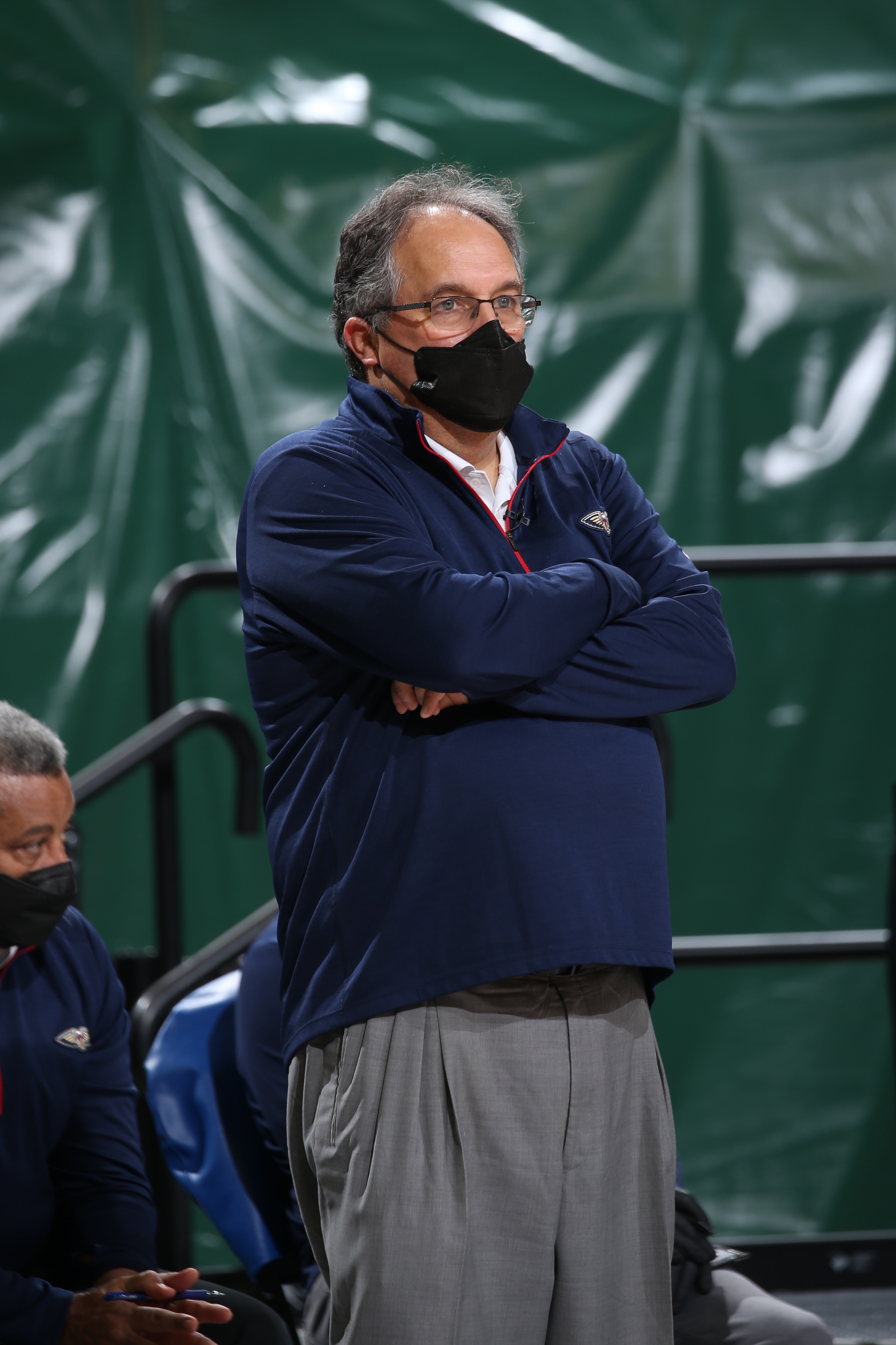 MILWAUKEE, WI - FEBRUARY 25: Head Coach Stan Van Gundy of the New Orleans Pelicans looks on during the game against the Milwaukee Bucks on February 25, 2021 at the Fiserv Forum Center in Milwaukee, Wisconsin. NOTE TO USER: User expressly acknowledges and agrees that, by downloading and or using this Photograph, user is consenting to the terms and conditions of the Getty Images License Agreement. Mandatory Copyright Notice: Copyright 2021 NBAE (Photo by Gary Dineen/NBAE via Getty Images).