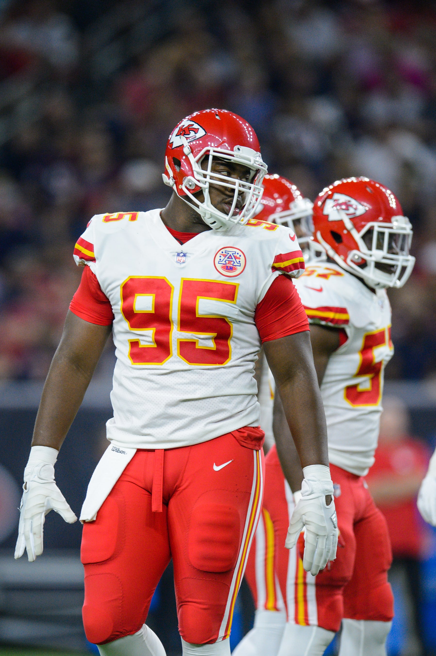 HOUSTON, TX - OCTOBER 08:  Kansas City Chiefs defensive end Chris Jones (95) gets ready for a play during the NFL game between the Kansas City Chief and the Houston Texans on October 8, 2017 at NRG Stadium in Houston, Texas. (Photo by Daniel Dunn/Icon Sportswire via Getty Images)