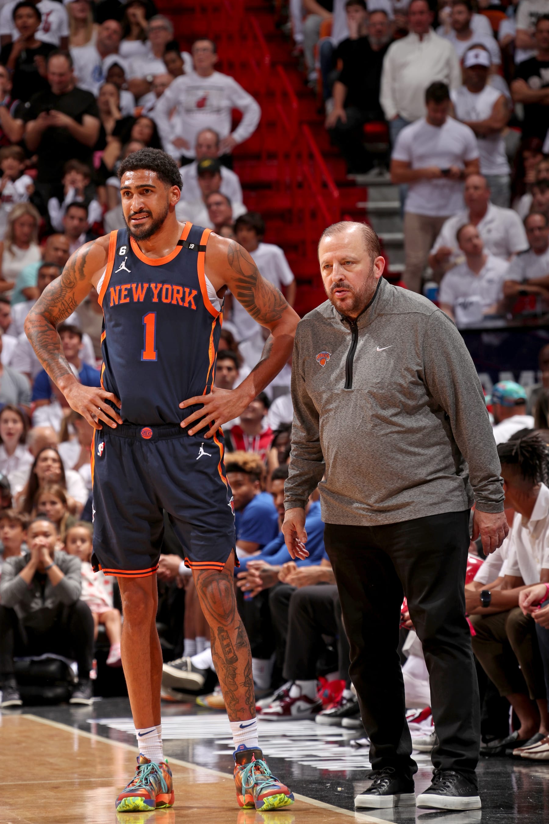 MIAMI, FL - MAY 12:  Head Coach Tom Thibodeau and Obi Toppin #1 of the New York Knicks look on during Game 6 of the 2023 NBA Playoffs Eastern Conference Semi-Finals against the Miami Heat on May 12, 2023 at Kaseya Center in Miami, Florida. NOTE TO USER: User expressly acknowledges and agrees that, by downloading and or using this Photograph, user is consenting to the terms and conditions of the Getty Images License Agreement. Mandatory Copyright Notice: Copyright 2023 NBAE (Photo by Issac Baldizon/NBAE via Getty Images)