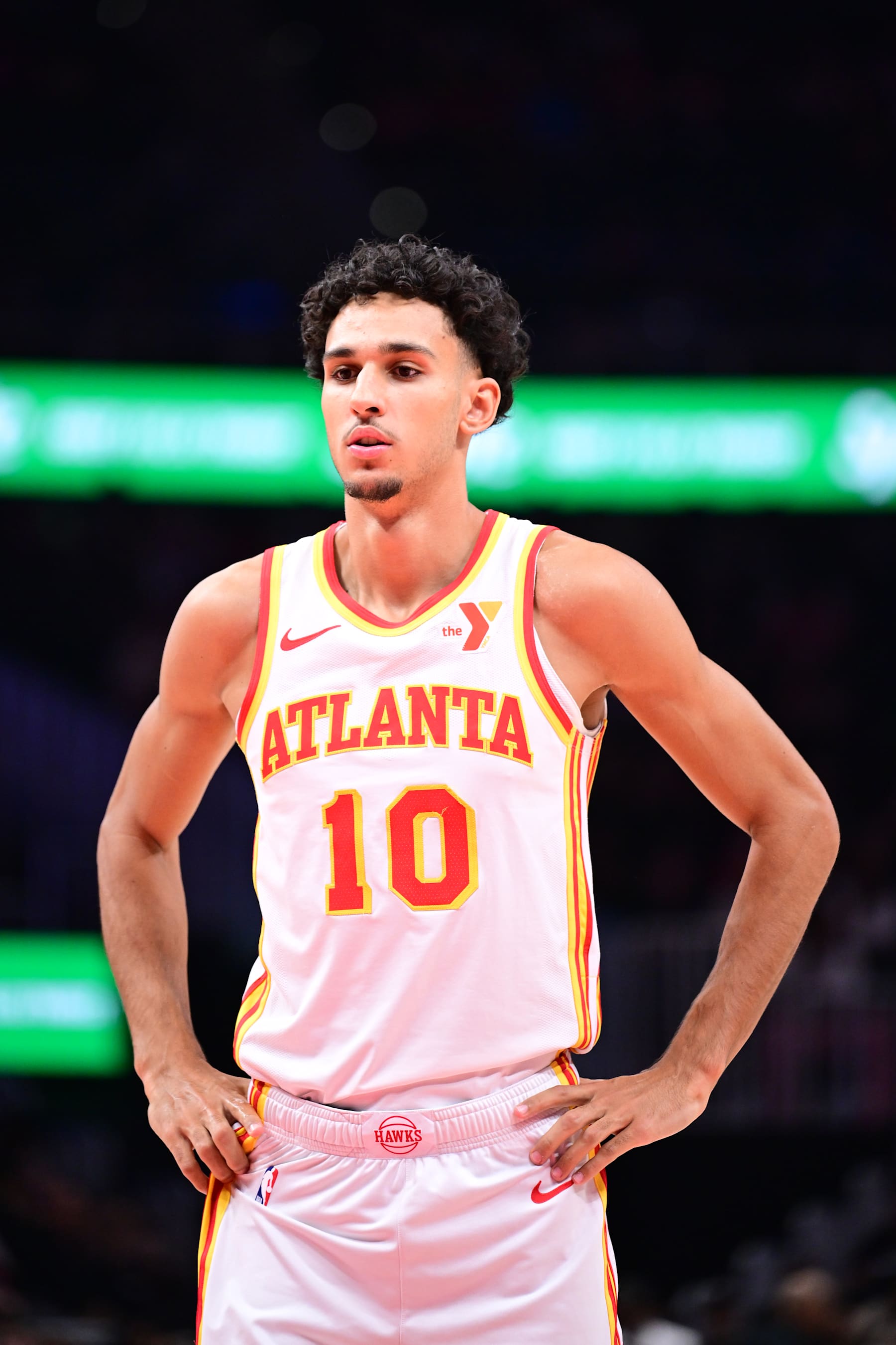 ATLANTA, GA - OCTOBER 25: Zaccharie Risacher #10 of the Atlanta Hawks looks on during the game against the Charlotte Hornets on October 25, 2024 at State Farm Arena in Atlanta, Georgia.  NOTE TO USER: User expressly acknowledges and agrees that, by downloading and/or using this Photograph, user is consenting to the terms and conditions of the Getty Images License Agreement. Mandatory Copyright Notice: Copyright 2024 NBAE (Photo by Adam Hagy/NBAE via Getty Images)