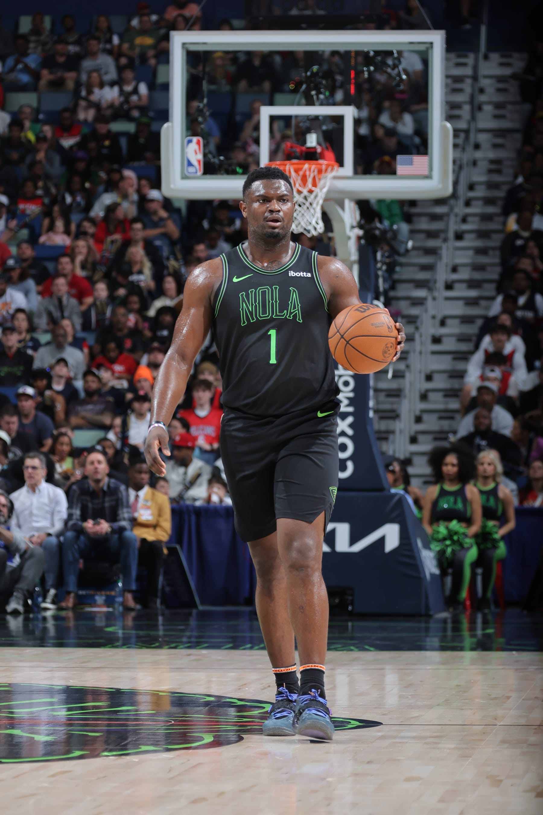 NEW ORLEANS, LA - MARCH 26: Zion Williamson #1 of the New Orleans Pelicans handles the ball during the game  on March 26, 2024 at the Smoothie King Center in New Orleans, Louisiana. NOTE TO USER: User expressly acknowledges and agrees that, by downloading and or using this Photograph, user is consenting to the terms and conditions of the Getty Images License Agreement. Mandatory Copyright Notice: Copyright 2024 NBAE (Photo by Jonathan Bachman/NBAE via Getty Images)