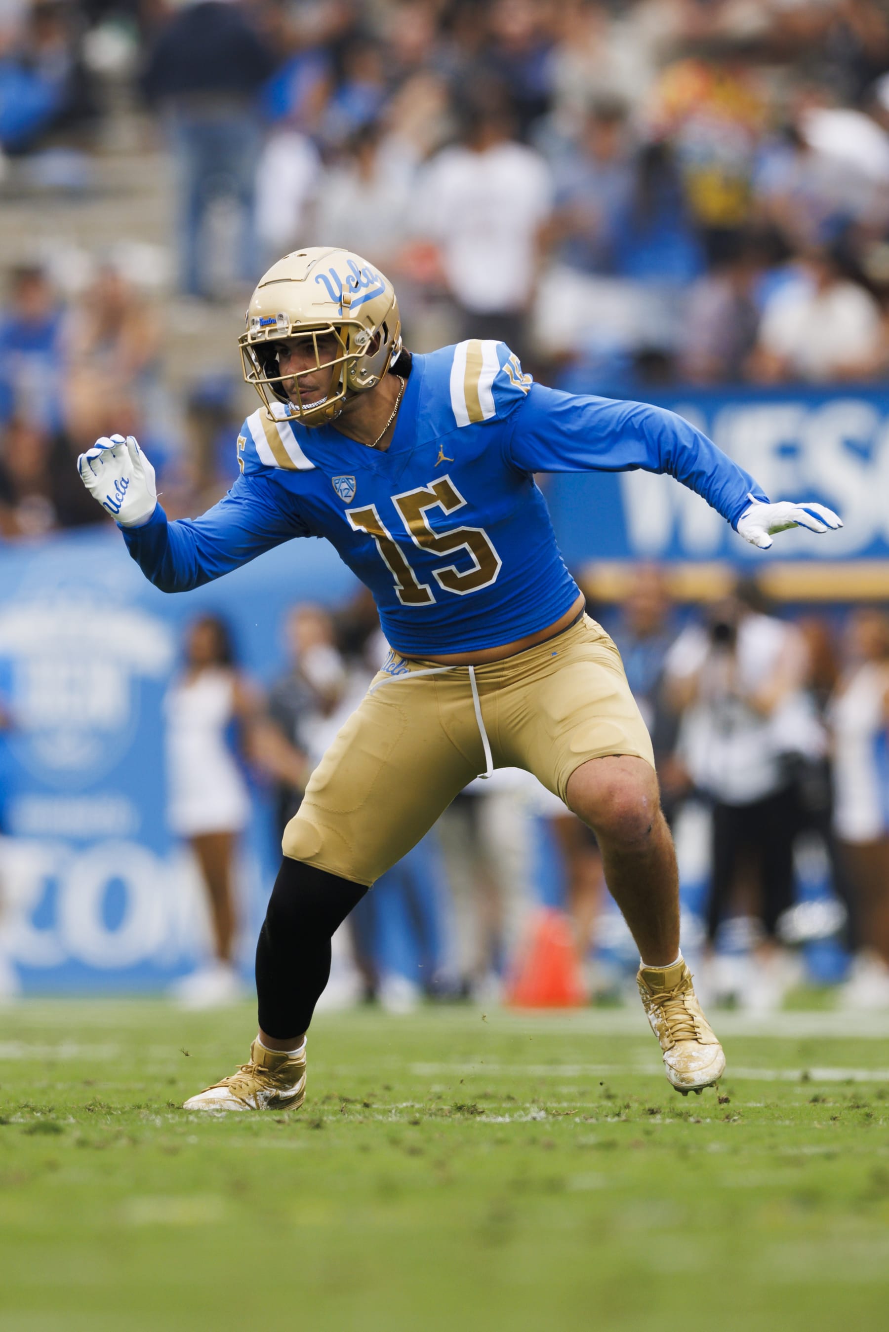 PASADENA, CA - SEPTEMBER 16: UCLA Bruins defensive lineman Laiatu Latu (15) rushes the edge during a college football game against North Carolina Central Eagles on September 16, 2023 at Rose Bowl Stadium in Pasadena, CA. (Photo by Ric Tapia/Icon Sportswire via Getty Images)
