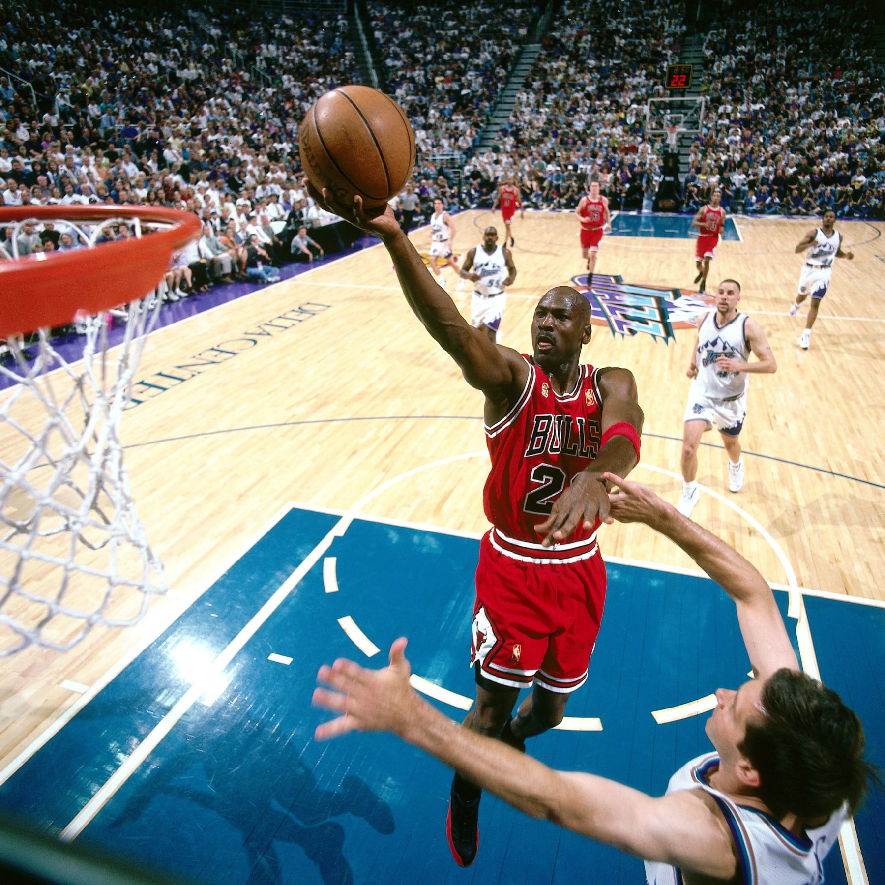 SALT LAKE CITY - JUNE 11:  Michael Jordan #23 of the Chicago Bulls attempts a layup against the Utah Jazz during Game five of the 1997 NBA Finals at the Delta Center on June 11, 1997 in Salt Lake City, Utah.  NOTE TO USER: User expressly acknowledges and agrees that, by downloading and/or using this Photograph, User is consenting to the terms and conditions of the Getty Images License Agreement.  Mandatory Copyright Notice:  Copyright 1996 NBAE  (Photo by Nathaniel S. Butler/NBAE via Getty Images)