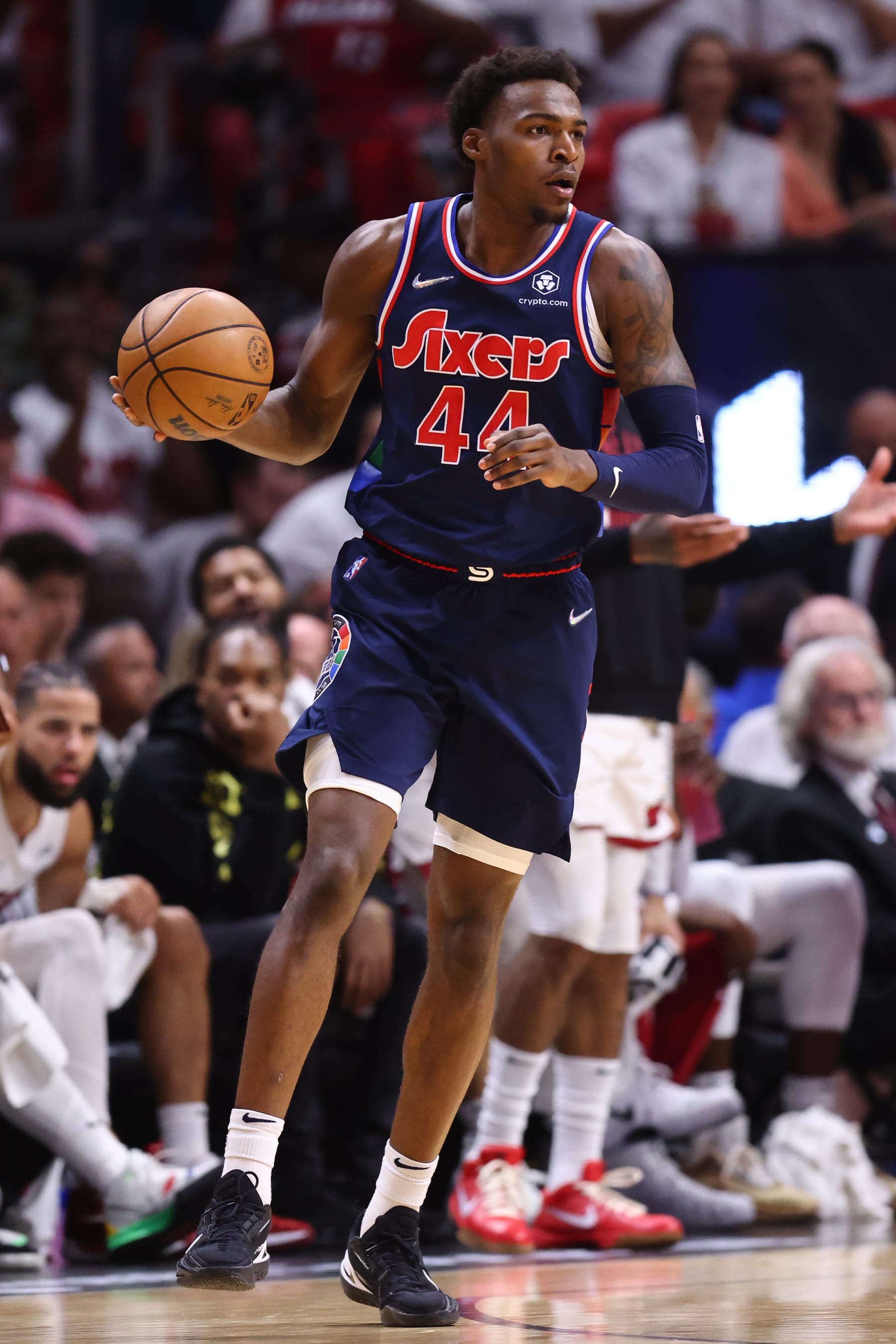 MIAMI, FLORIDA - MAY 10: Paul Reed #44 of the Philadelphia 76ers dribbles against the Miami Heat during the first half in Game Five of the Eastern Conference Semifinals at FTX Arena on May 10, 2022 in Miami, Florida. NOTE TO USER: User expressly acknowledges and agrees that, by downloading and or using this photograph, User is consenting to the terms and conditions of the Getty Images License Agreement.  (Photo by Michael Reaves/Getty Images)