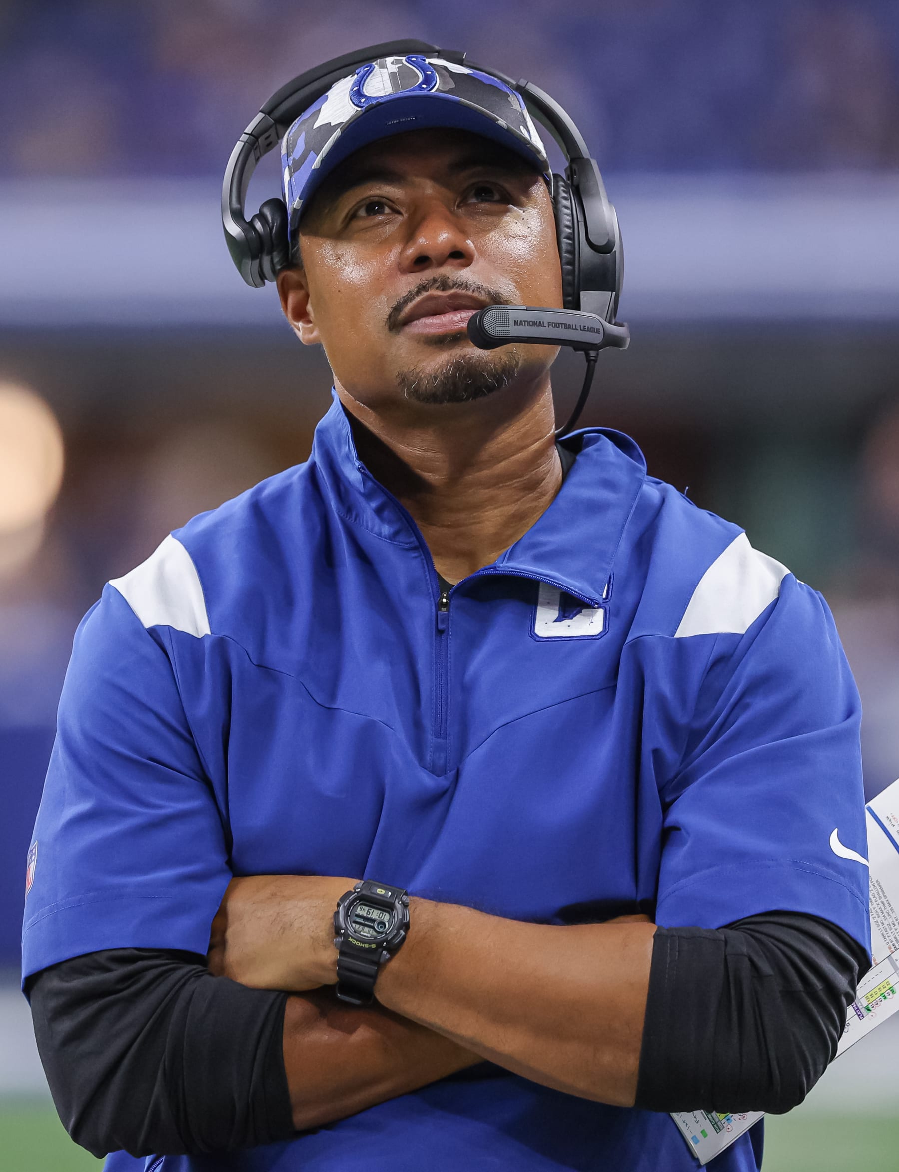 INDIANAPOLIS, IN - AUGUST 27: Offensive coordinator Marcus Brady of the Indianapolis Colts is seen during the preseason game against the Tampa Bay Buccaneers at Lucas Oil Stadium on August 27, 2022 in Indianapolis, Indiana. (Photo by Michael Hickey/Getty Images)