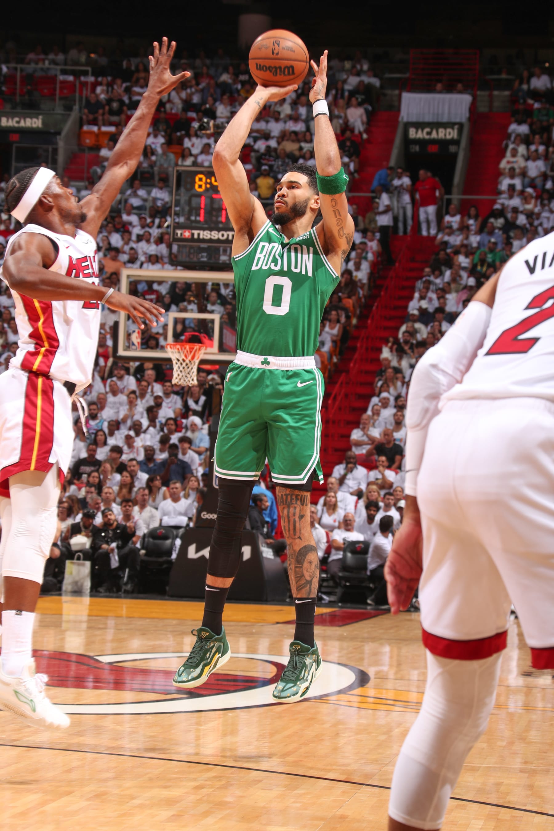 MIAMI, FL - MAY 19:  Jayson Tatum #0 of the Boston Celtics shoots the ball during the game  during round 3 game 4 of the Eastern Conference Finals 2023 NBA Playoffs on May 19, 2023 at the Kaseya Center Arena in Miami, Florida. NOTE TO USER: User expressly acknowledges and agrees that, by downloading and or using this Photograph, user is consenting to the terms and conditions of the Getty Images License Agreement. Mandatory Copyright Notice: Copyright 2023 NBAE (Photo by Issac Baldizon/NBAE via Getty Images)