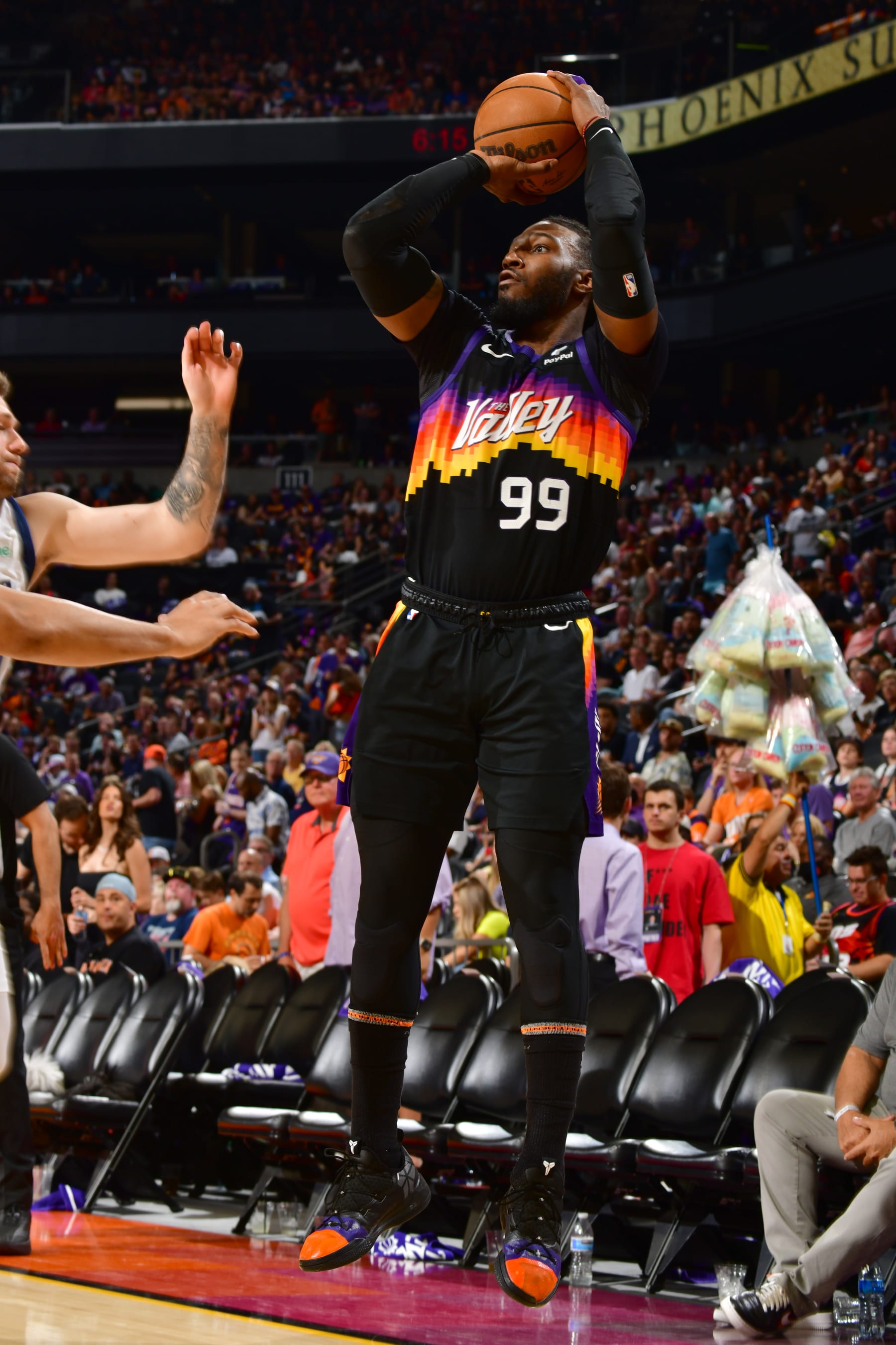 PHOENIX, AZ - MAY 15: Jae Crowder #99 of the Phoenix Suns shoots a three point basket against the Dallas Mavericks during Game 7 of the 2022 NBA Playoffs Western Conference Semifinals on May 15, 2022 at Footprint Center in Phoenix, Arizona. NOTE TO USER: User expressly acknowledges and agrees that, by downloading and or using this photograph, user is consenting to the terms and conditions of the Getty Images License Agreement. Mandatory Copyright Notice: Copyright 2022 NBAE (Photo by Barry Gossage/NBAE via Getty Images)
