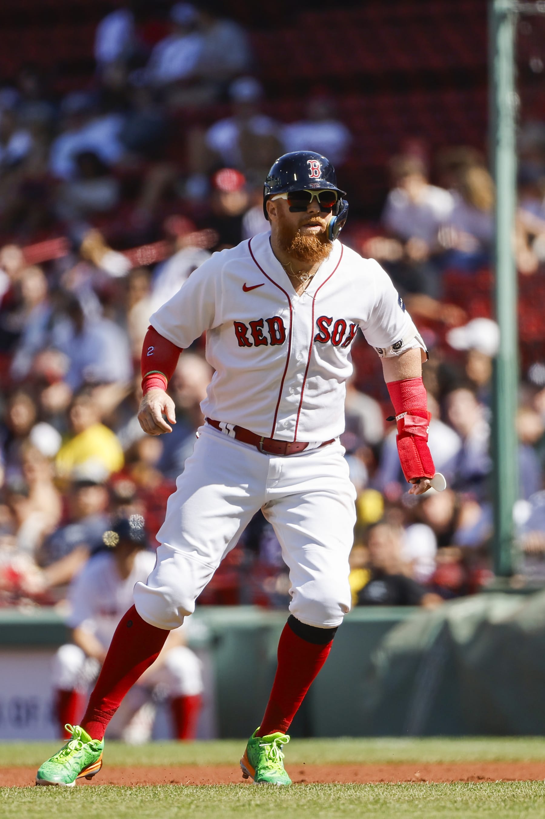 BOSTON, MA - SEPTEMBER 14: Justin Turner #2 of the Boston Red Sox leads off base against the New York Yankees during the first inning of game one of a doubleheader at Fenway Park on September 14, 2023 in Boston, Massachusetts. (Photo By Winslow Townson/Getty Images)