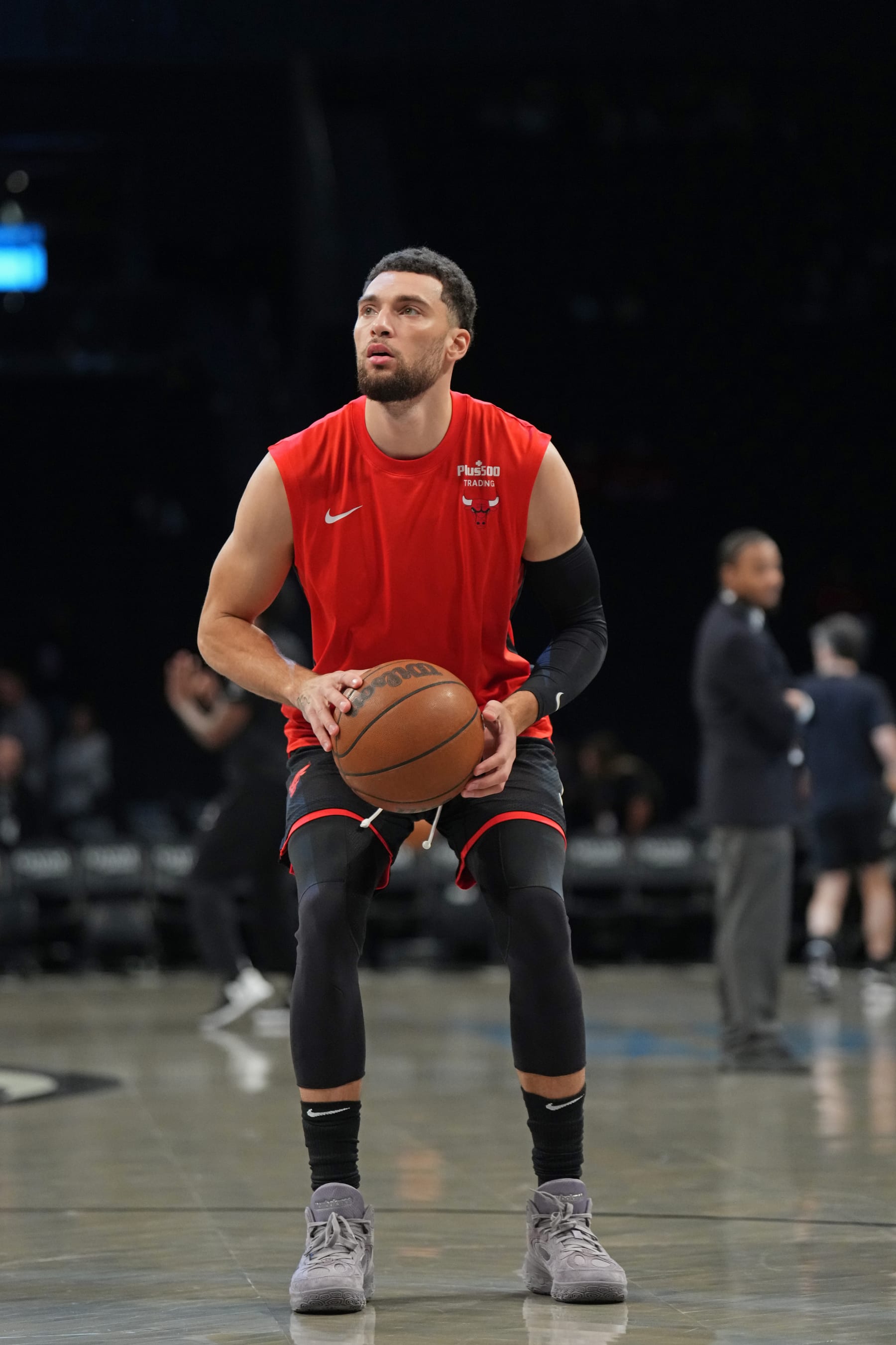 BROOKLYN, NY - NOVEMBER 26: Zach LaVine #8 of the Chicago Bulls warms up before the game against the Brooklyn Nets on November 26, 2023 at Barclays Center in Brooklyn, New York. NOTE TO USER: User expressly acknowledges and agrees that, by downloading and or using this Photograph, user is consenting to the terms and conditions of the Getty Images License Agreement. Mandatory Copyright Notice: Copyright 2023 NBAE (Photo by Jesse D. Garrabrant/NBAE via Getty Images)