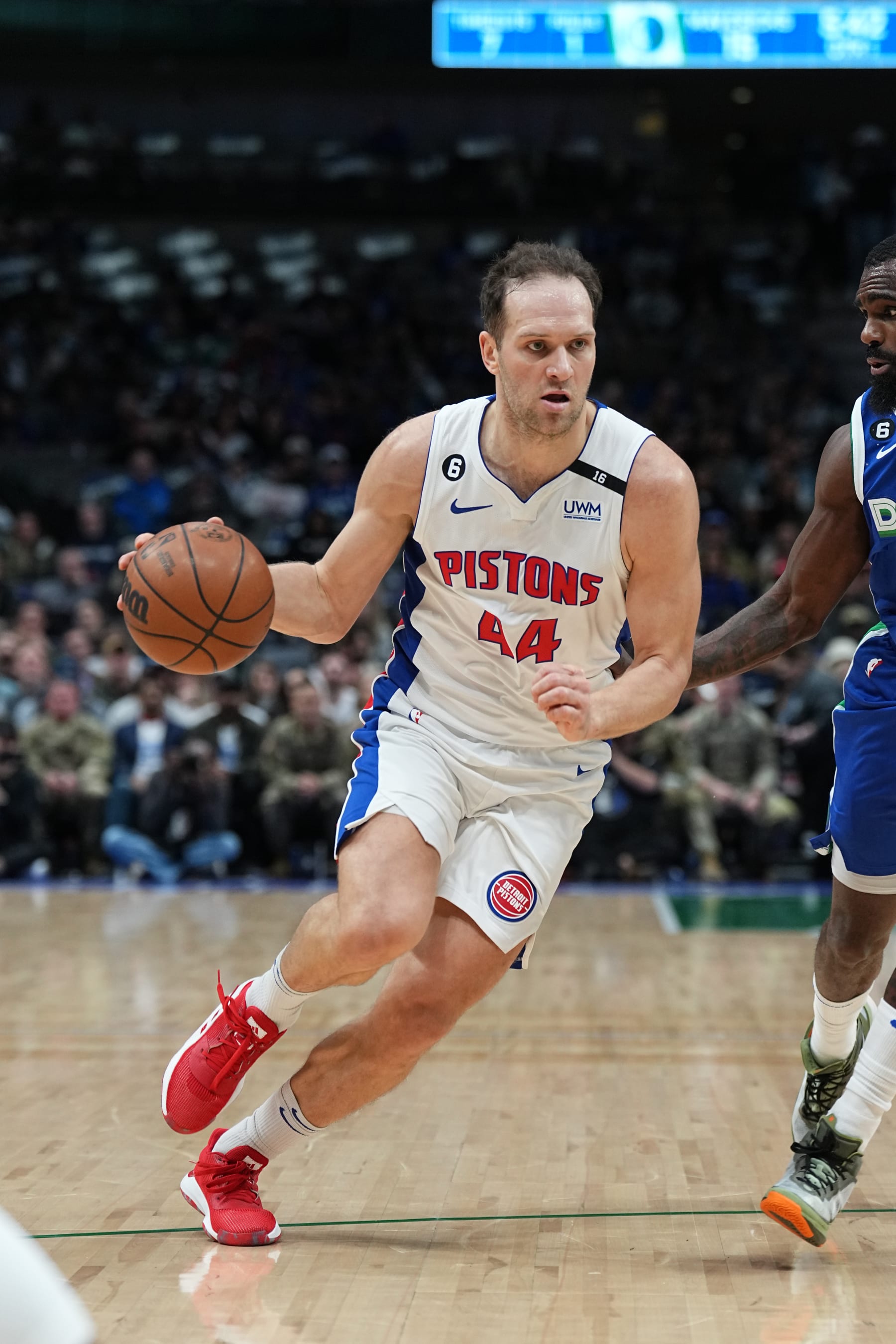 DALLAS, TX - JANUARY 30: Bojan Bogdanovic #44 of the Detroit Pistons drives to the basket during the game against the Dallas Mavericks on January 30, 2023 at the American Airlines Center in Dallas, Texas. NOTE TO USER: User expressly acknowledges and agrees that, by downloading and or using this photograph, User is consenting to the terms and conditions of the Getty Images License Agreement. Mandatory Copyright Notice: Copyright 2023 NBAE (Photo by Glenn James/NBAE via Getty Images)