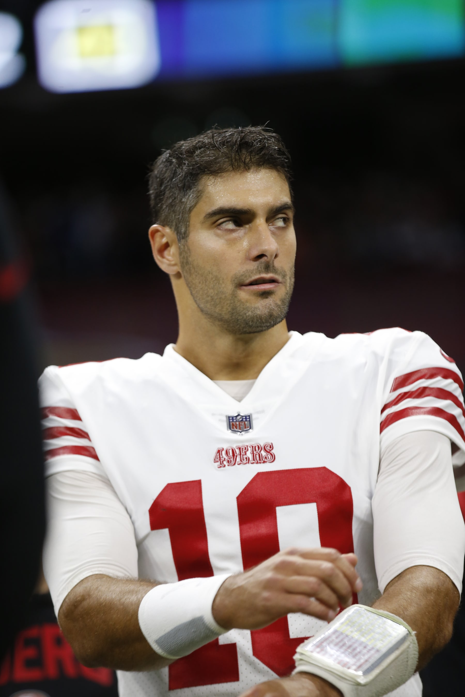 MEXICO CITY, MEXICO  - NOVEMBER 21: Jimmy Garoppolo #10 of the San Francisco 49ers on the sideline before the game against the Arizona Cardinals at Estadio Azteca on November 21, 2022 in Mexico City, Mexico. (Photo by Michael Zagaris/San Francisco 49ers/Getty Images)