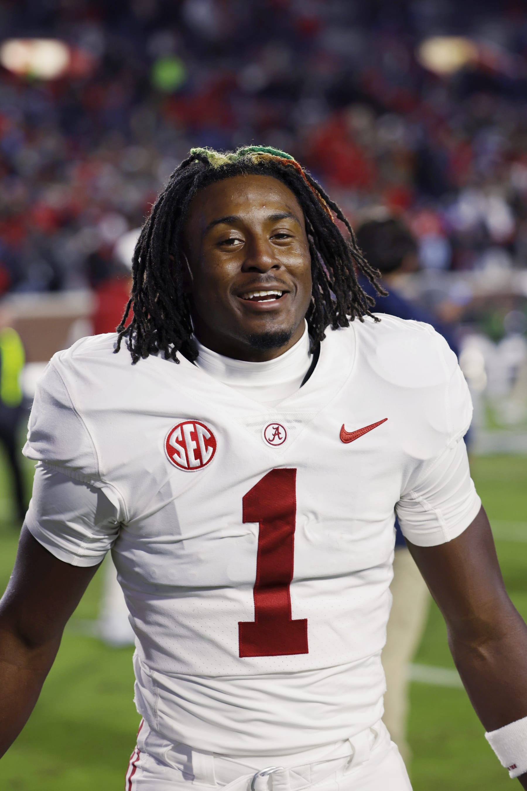 OXFORD, MS - NOVEMBER 12: Alabama Crimson Tide defensive back Kool-Aid McKinstry (1) walks off the field following a college football game against the Mississippi Rebels on November 12, 2022 at Vaught-Hemingway Stadium in Oxford, Mississippi. (Photo by Joe Robbins/Icon Sportswire via Getty Images)