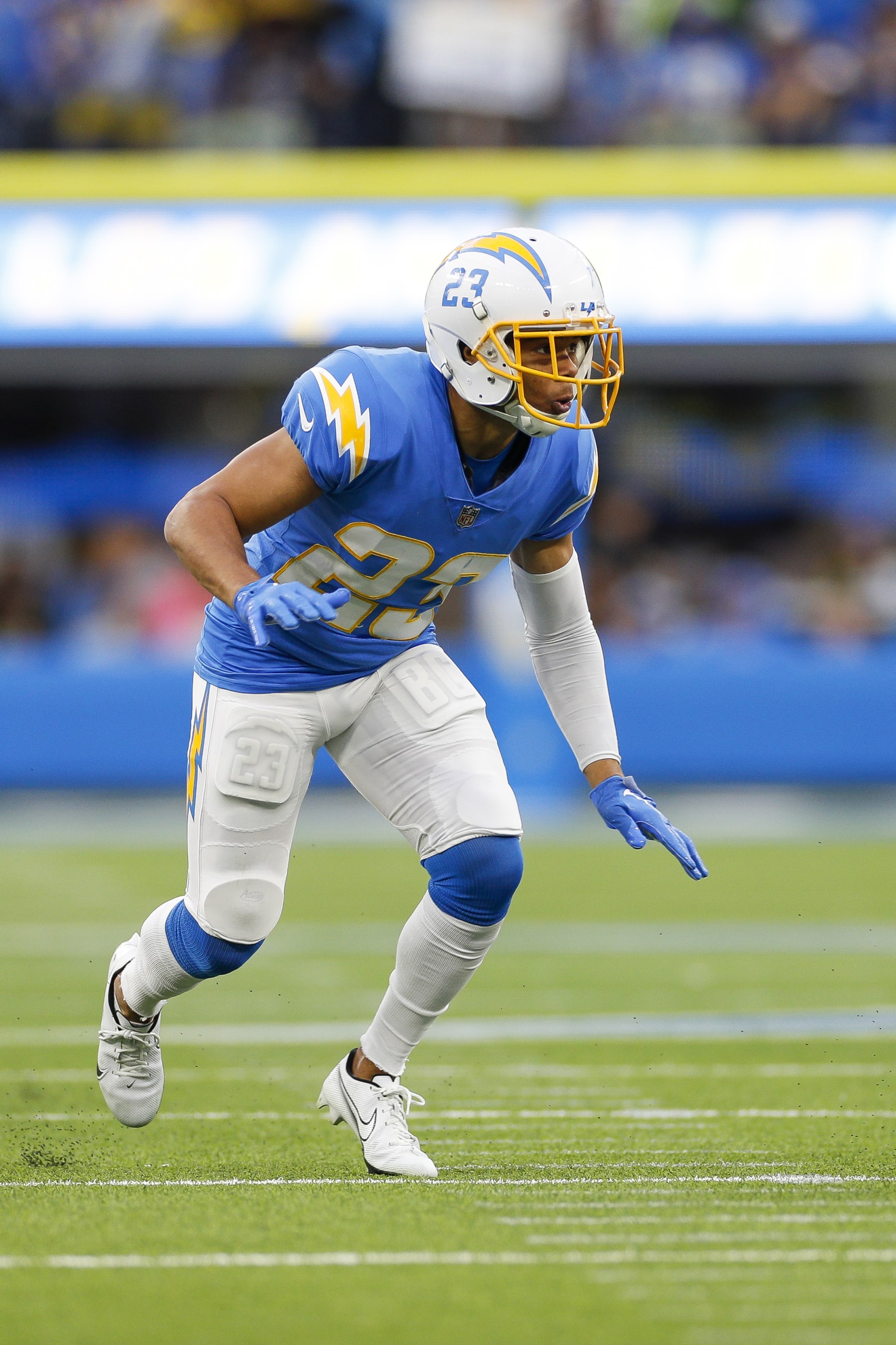 INGLEWOOD, CA - JANUARY 01: Los Angeles Chargers cornerback Bryce Callahan (23) defends during an NFL regular season game between the Los Angeles Rams and the Los Angeles Chargers on January 01, 2023, at SoFi Stadium in Inglewood, CA. (Photo by Brandon Sloter/Icon Sportswire via Getty Images)
