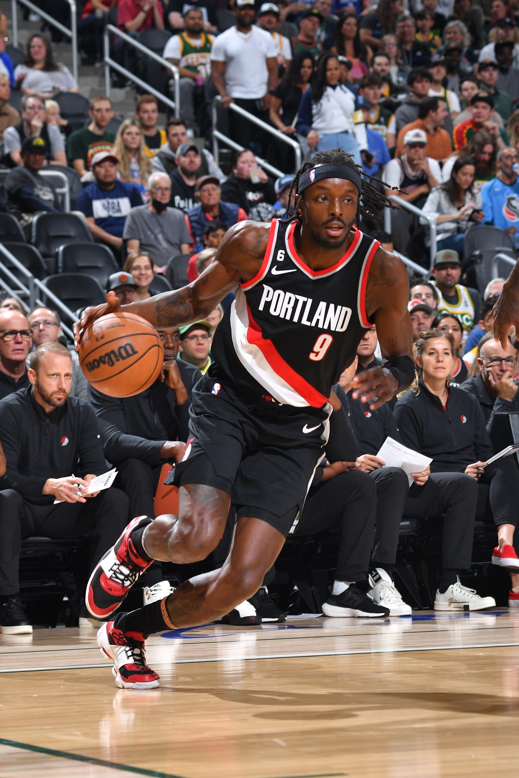 SEATTLE, WA - OCTOBER 3: Jerami Grant #9 of the Portland Trail Blazers drives to the basket against the LA Clippers during a preseason game on October 3, 2022 at the Climate Pledge Arena in Seattle, Washington. NOTE TO USER: User expressly acknowledges and agrees that, by downloading and or using this photograph, user is consenting to the terms and conditions of the Getty Images License Agreement. Mandatory Copyright Notice: Copyright 2022 NBAE (Photos by Michael Gonzales/NBAE via Getty Images)