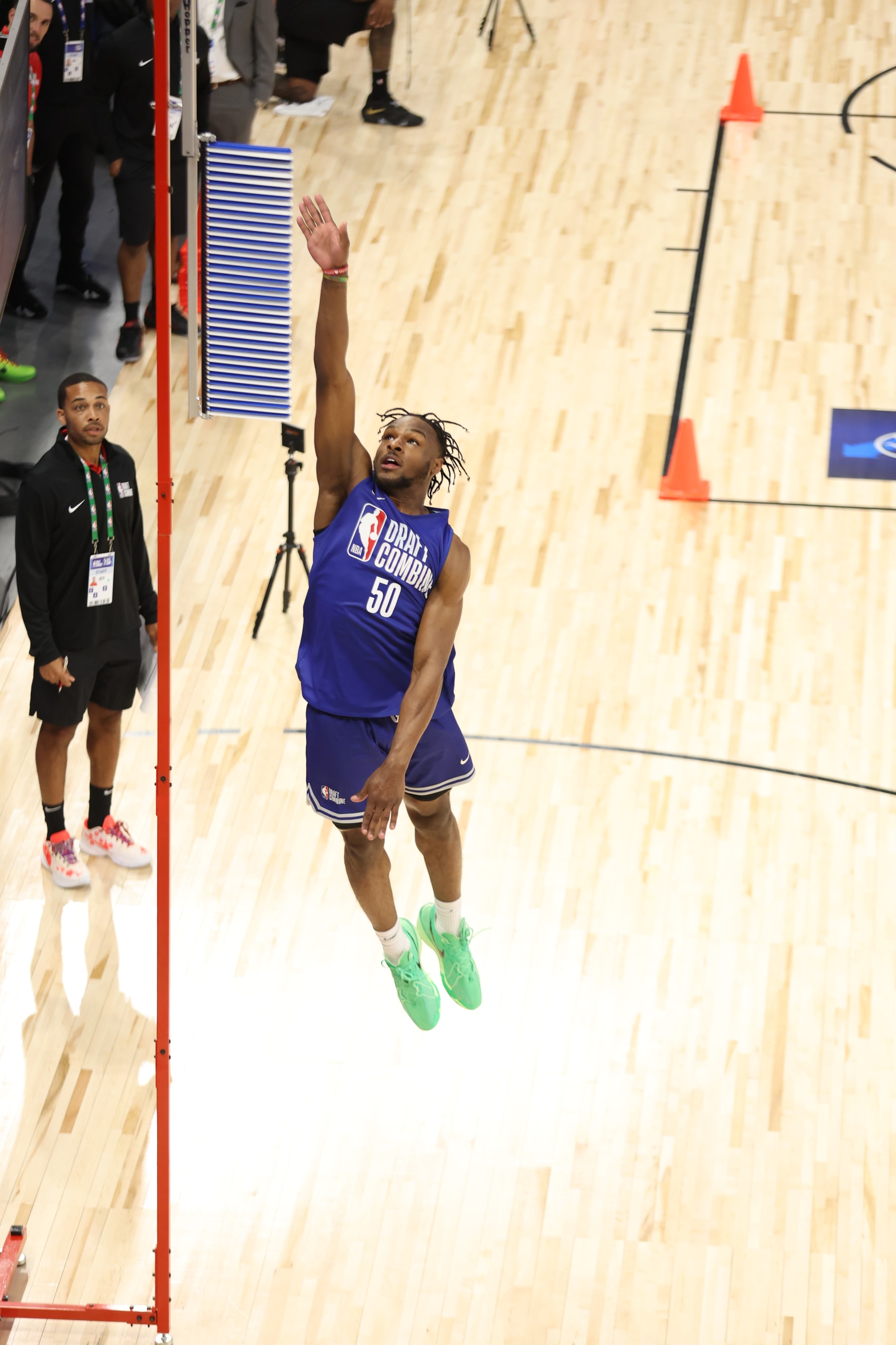 CHICAGO, IL - MAY 13: Bronny James does the vertical drill during the 2024 NBA Combine on May 13, 2024 at Wintrust Arena in Chicago, Illinois. NOTE TO USER: User expressly acknowledges and agrees that, by downloading and or using this photograph, User is consenting to the terms and conditions of the Getty Images License Agreement. Mandatory Copyright Notice: Copyright 2024 NBAE (Photo by Jeff Haynes/NBAE via Getty Images)