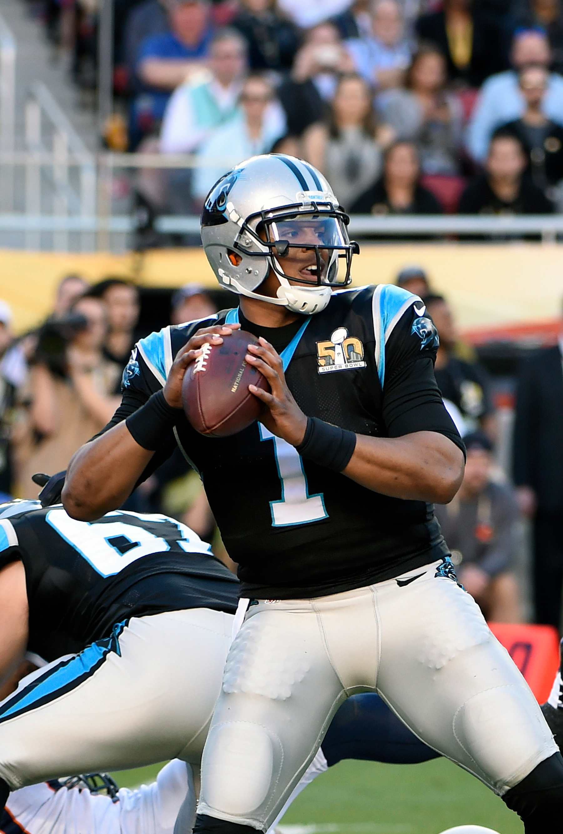SANTA CLARA, CA - FEBRUARY 07: Quarterback Cam Newton #1 of the Carolina Panthers drops back to pass against the Denver Broncos during Super Bowl 50 at Levi's Stadium on February 7, 2016 in Santa Clara, California. (Photo by Focus on Sport/Getty Images)