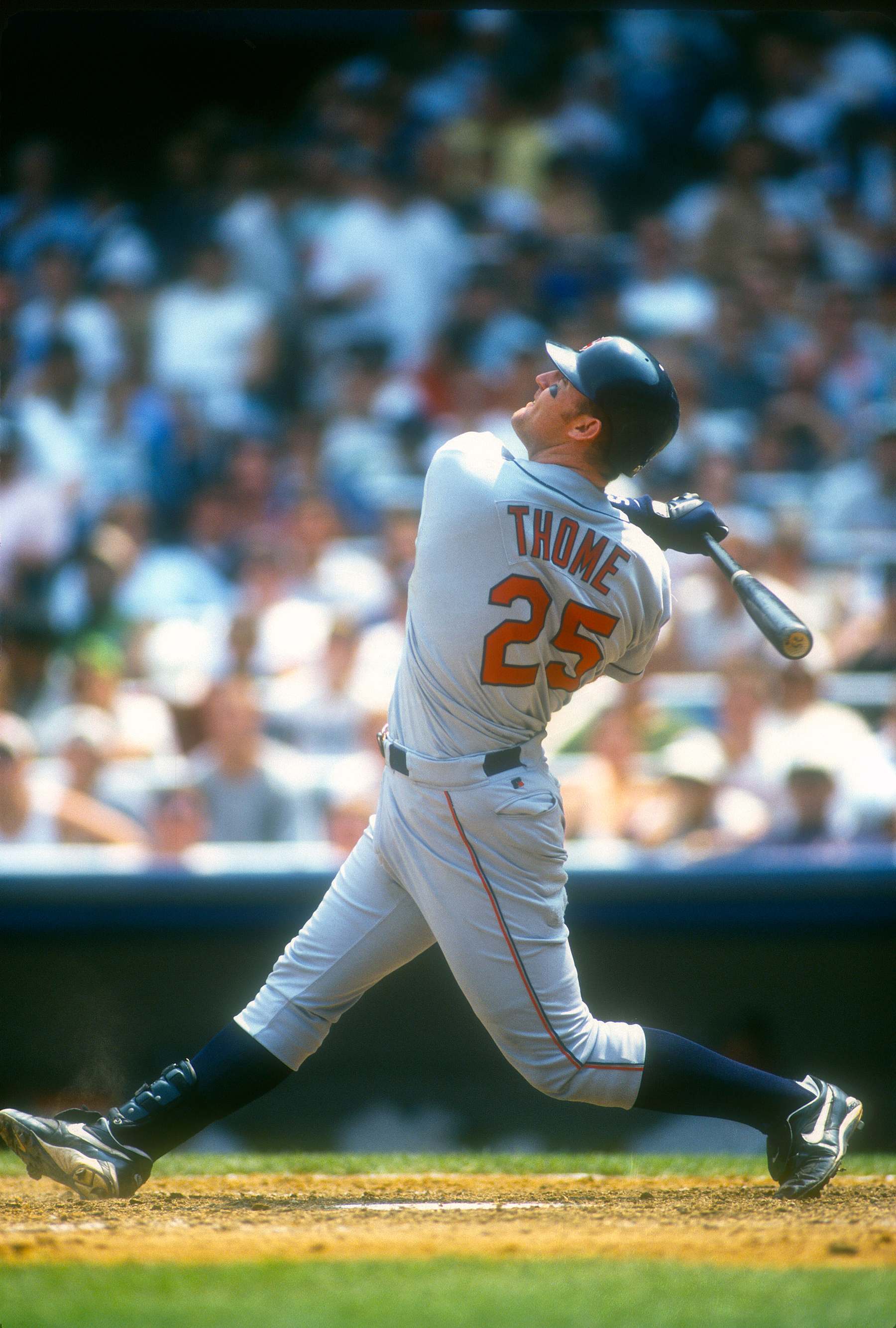 NEW YORK - CIRCA 1997:  Jim Thome #25 of the Cleveland Indians bats against the New York Yankees during a Major League Baseball game circa 1997 at Yankee Stadium in the Bronx borough of New York City. Thome played for the Indians from 1991-2002 and in 2011. (Photo by Focus on Sport/Getty Images) 