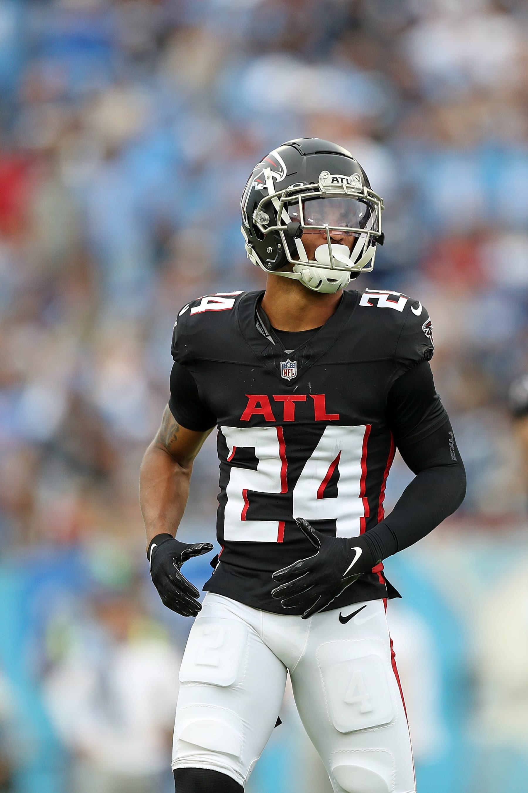 NASHVILLE, TENNESSEE - OCTOBER 29: A.J. Terrell #24 of the Atlanta Falcons during the game against the Tennessee Titans at Nissan Stadium on October 29, 2023 in Nashville, Tennessee. (Photo by Justin Ford/Getty Images)
