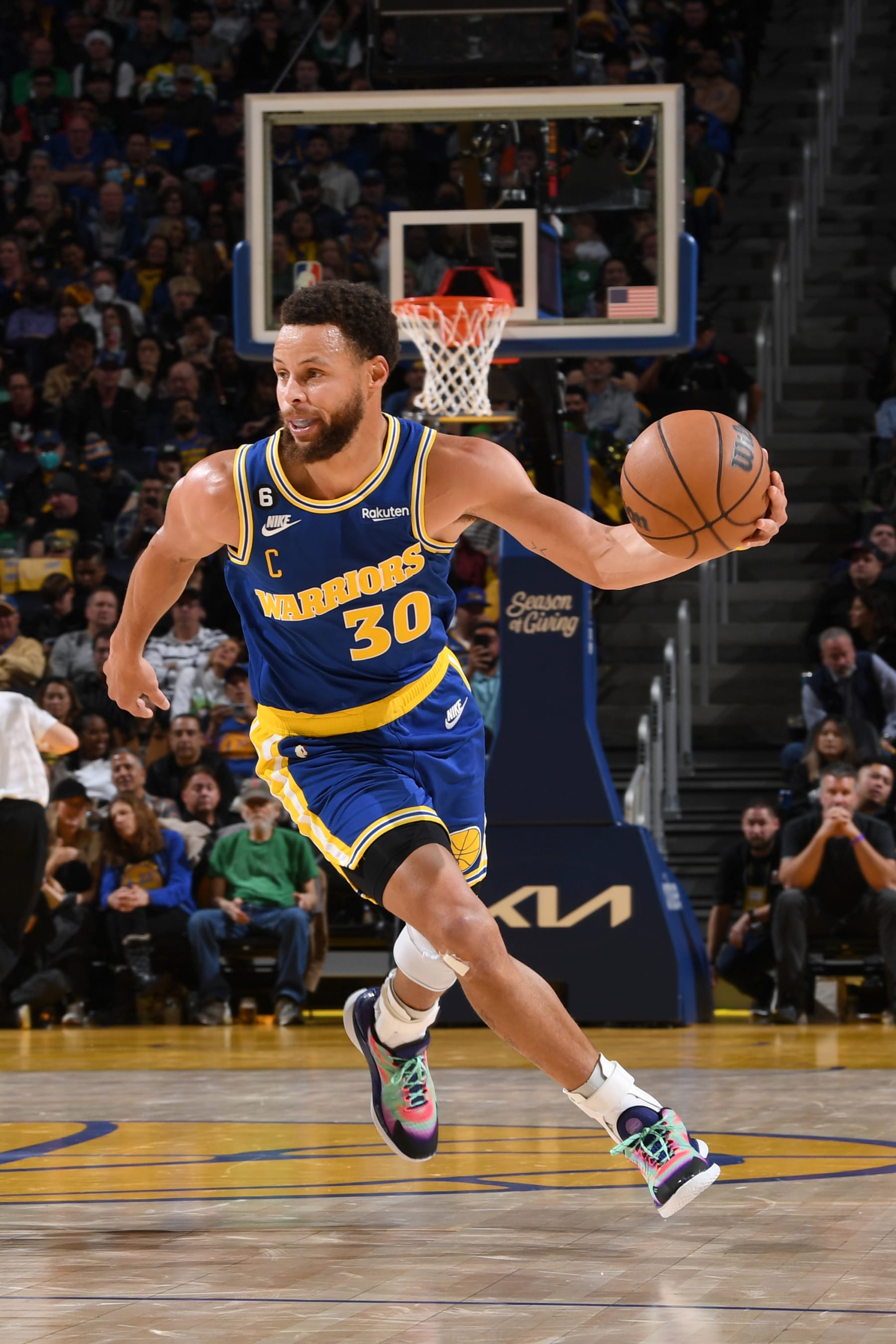 SAN FRANCISCO, CA - DECEMBER 10: Stephen Curry #30 of the Golden State Warriors dribbles the ball during the game against the Boston Celtics on December 10, 2022 at Chase Center in San Francisco, California. NOTE TO USER: User expressly acknowledges and agrees that, by downloading and or using this photograph, user is consenting to the terms and conditions of Getty Images License Agreement. Mandatory Copyright Notice: Copyright 2022 NBAE (Photo by Noah Graham/NBAE via Getty Images)
