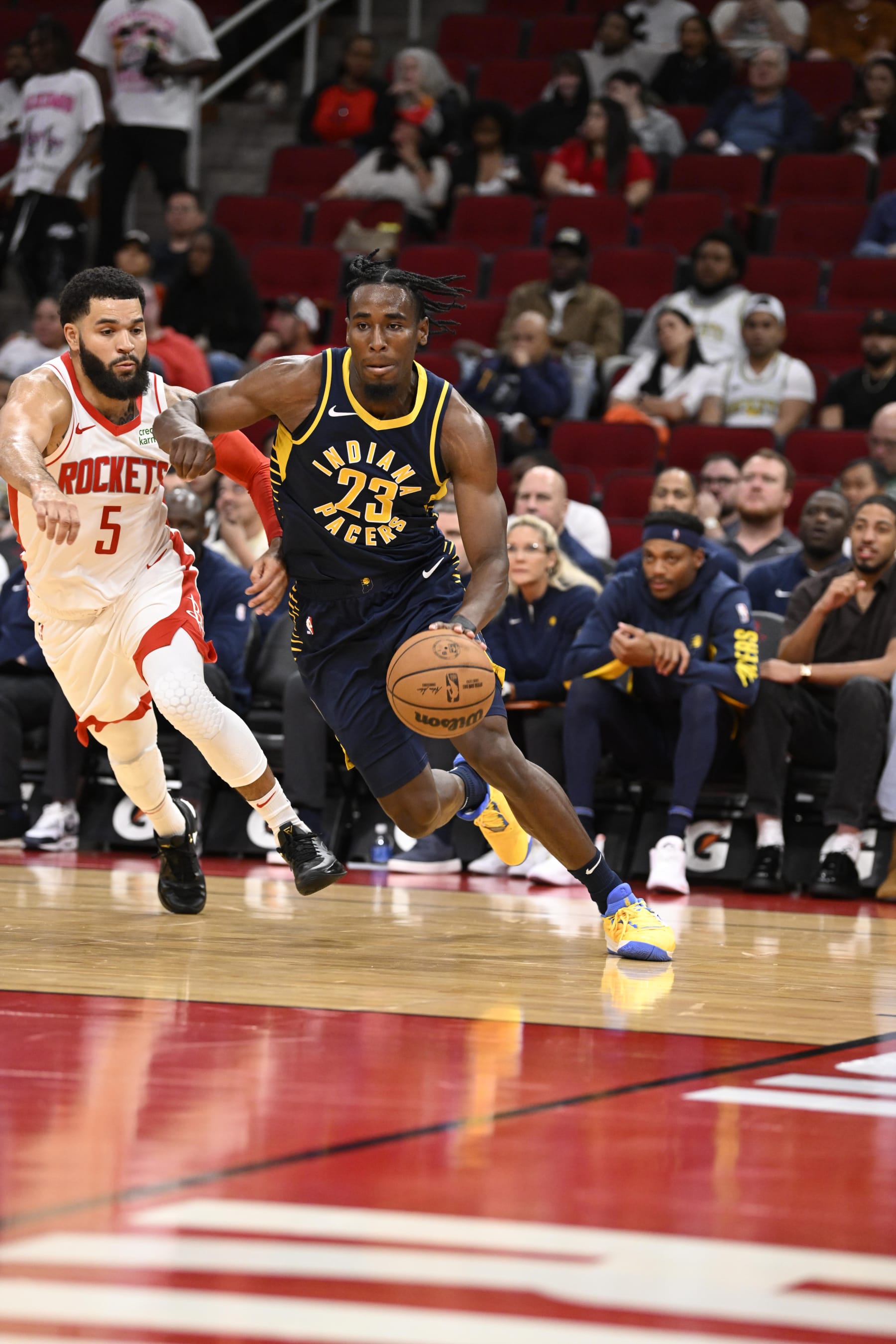 Basketball: Indiana Pacers Aaron Nesmith (23) in action, drives to the basket vs Houston Rockets during a preseason game at the Toyota Center. 
Houston, TX 10/10/2023 
CREDIT: Greg Nelson (Photo by Greg Nelson/Sports Illustrated via Getty Images) 
(Set Number: X164440 TK1)